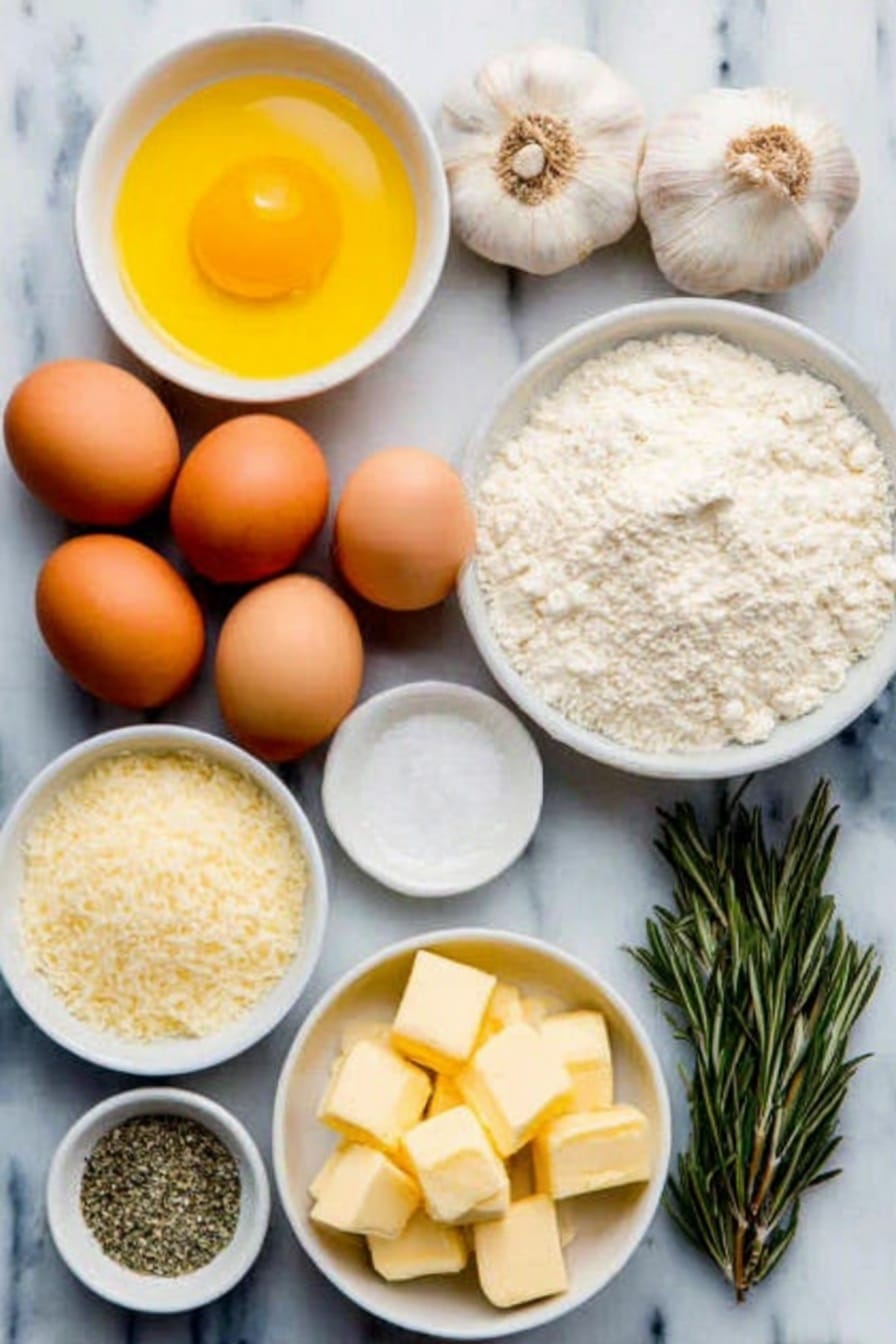 Flat lay of two whole heads of garlic, a small white bowl of golden olive oil, a small white bowl of fine white salt, a small white bowl filled with white all-purpose flour, a small white bowl with granulated sugar, a small white bowl of beige active dry yeast granules, a small white bowl of creamy whole milk, a small white bowl of pale unsalted butter cubes, a small white bowl of clear water, a small white bowl with dried green basil leaves, a small white bowl with dried oregano, a small white bowl with dried rosemary, a small white bowl of fine garlic powder, two whole uncracked large brown eggs, a small white bowl of finely grated pale parmesan cheese, all ingredients arranged symmetrically on a clean white marble surface, soft natural light, photo taken with an iPhone, professional food photography style, fresh ingredients, white ceramic bowls, no bottles, no duplicates, no utensils, no packaging --ar 2:3 --v 7 --p m7354615311229779997 - Garlic Parmesan Pull-Apart Bread, Garlic Parmesan Bread, cheesy pull-apart bread, easy garlic bread recipes, homemade cheesy bread