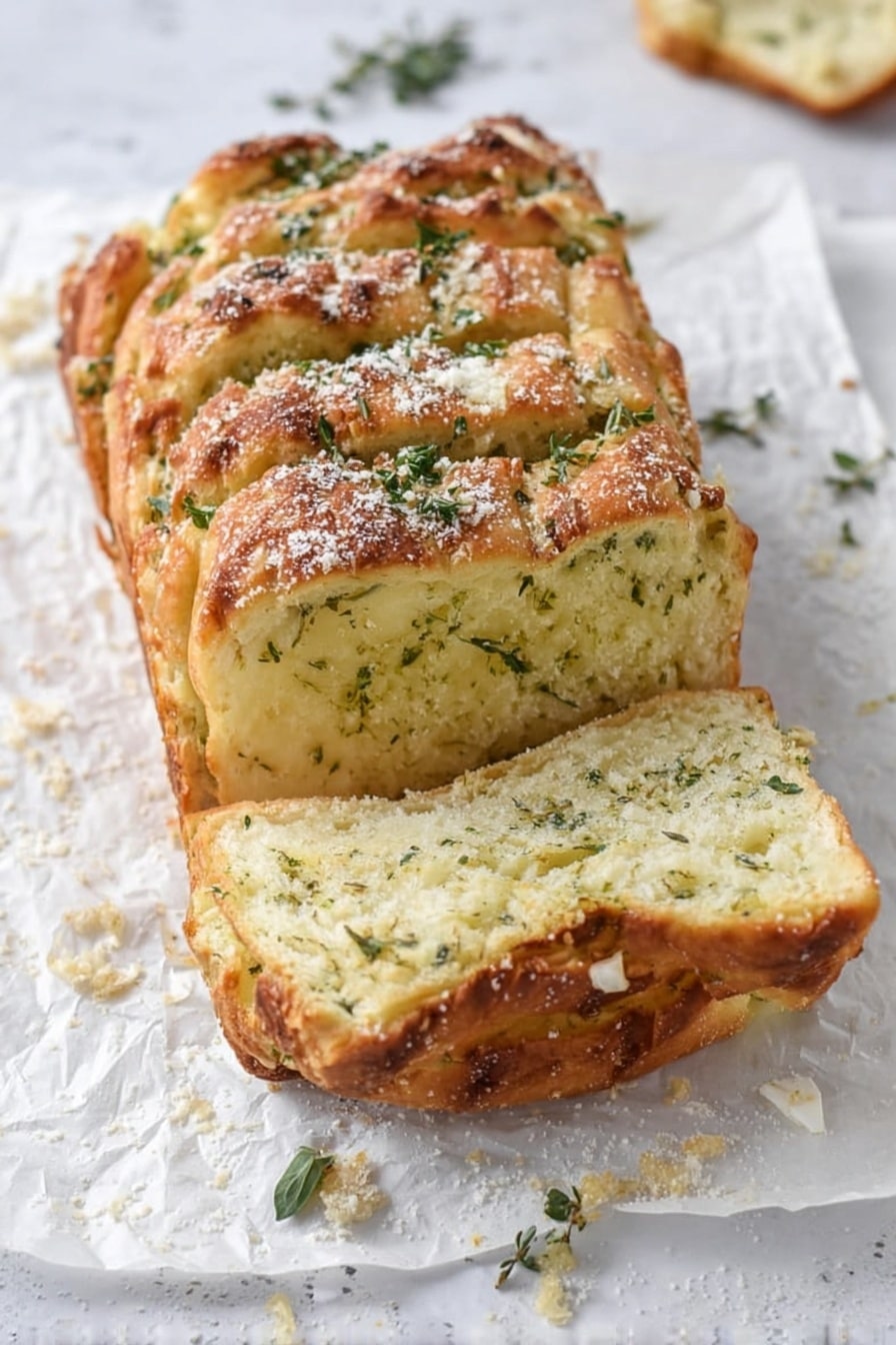 The image shows a loaf of herb garlic bread with several layers. The bread is sliced into thick pieces, exposing soft, light yellow-green layers inside that show herbs sprinkled throughout. The top layer is golden brown and slightly crispy with a dusting of white powder, likely cheese or seasoning, and small green herb leaves scattered over it. The bread rests on white parchment paper, which is on a white marbled surface, giving a clean and bright look. Small herb leaves and crumbs are scattered around the bread, adding a natural and fresh touch. Photo taken with an iphone --ar 2:3 --v 7 - Garlic Parmesan Pull-Apart Bread, Garlic Parmesan Bread, cheesy pull-apart bread, easy garlic bread recipes, homemade cheesy bread