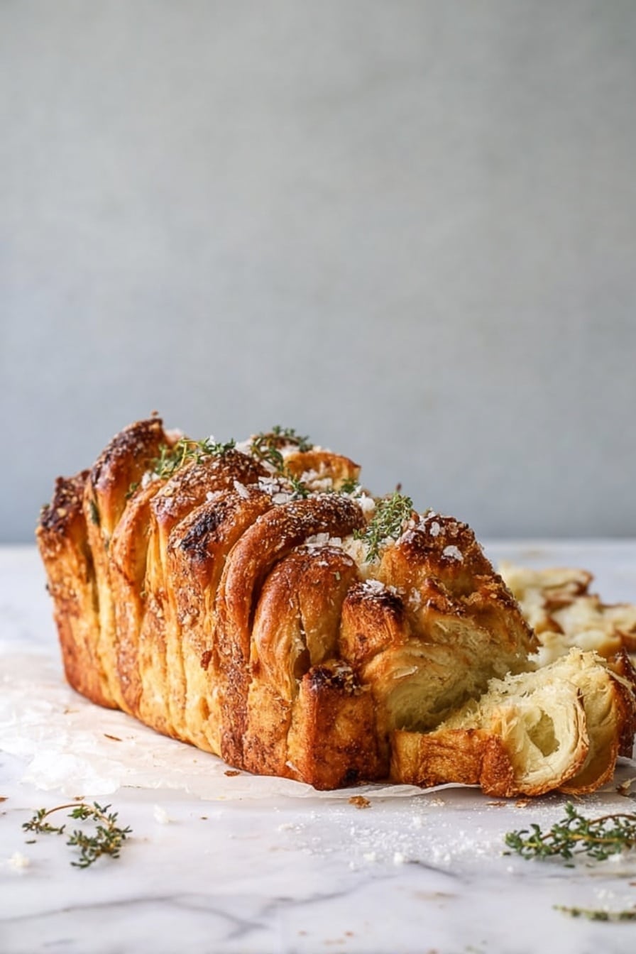 The image shows a loaf of pull-apart bread standing on white parchment paper over a white marbled surface. The loaf has several tall, thick layers of golden-brown bread with some darker spots from seasoning or herbs baked throughout. The top is sprinkled with coarse salt and small green herbs. A few pieces of bread are pulled away from the loaf on the right side, revealing soft, light-colored, fluffy inside layers. Some loose flour and herb sprigs are scattered around the bread. The background is a simple, light grey wall. Photo taken with an iphone --ar 2:3 --v 7 - Garlic Parmesan Pull-Apart Bread, Garlic Parmesan Bread, cheesy pull-apart bread, easy garlic bread recipes, homemade cheesy bread