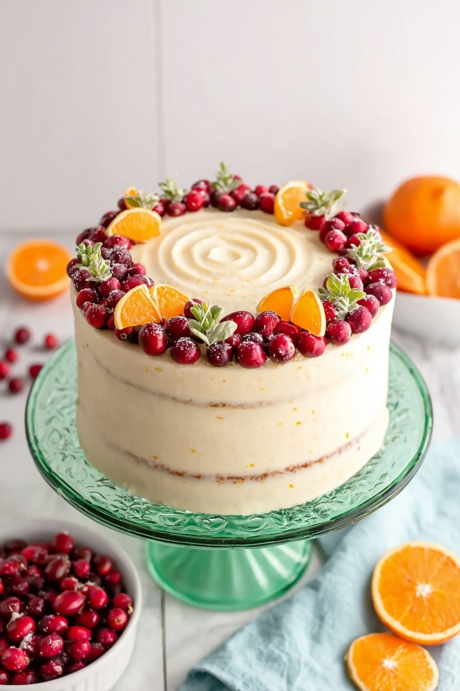 A tall, round cake with smooth, light cream frosting has four visible thick layers with even texture and faint orange zest specks. The top layer has a swirl pattern in the center, surrounded by a ring of dark and bright red cranberries mixed with small green leaves and orange peel curls, accented with three small orange wedges spaced evenly. The cake sits on a green glass cake stand, which adds an elegant touch. The background is a white marbled surface with a white bowl filled with more cranberries to one side and a halved orange resting on a light blue cloth on the other side. Photo taken with an iphone --ar 2:3 --v 7 - Cranberry Orange Cake, Cranberry Orange Cake with Cream Cheese Frosting, Festive citrus cranberry cake, Easy holiday cranberry cake, Moist cranberry orange dessert