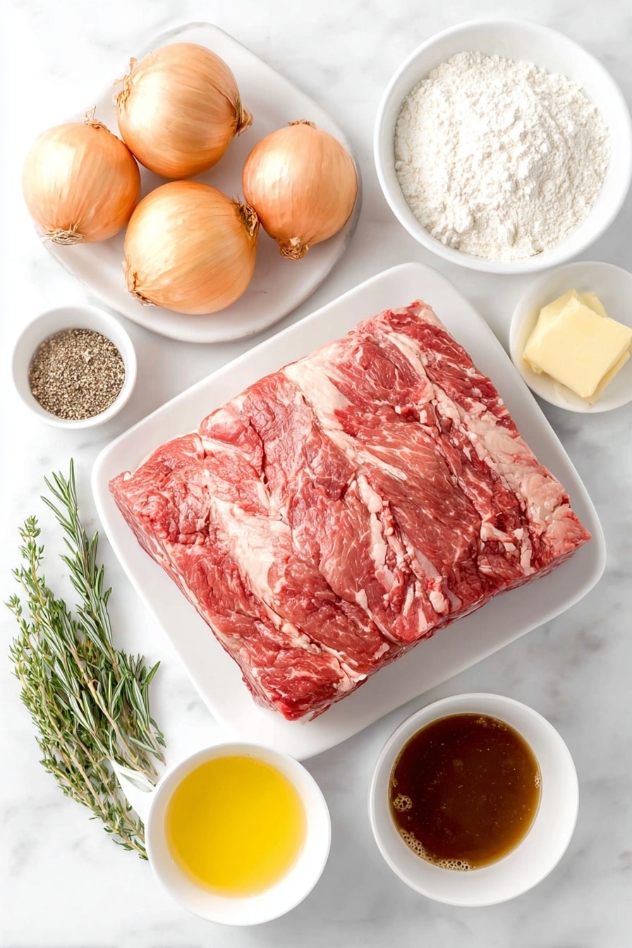 Flat lay of a large raw boneless prime rib roast with rich marbling, a small cluster of whole brown garlic cloves, one fresh shallot bulb slightly larger than a golf ball, a few sprigs of fresh rosemary, a small bunch of fresh thyme, a small pile of ground black pepper, a pinch of coarse kosher salt crystals, a small wedge of pale creamy unsalted butter, a small white ceramic bowl with pale yellow lemon juice, another small white bowl with golden beef drippings, a small white bowl filled with all-purpose flour, and a small white bowl holding dark rich beef stock, all arranged in perfect symmetry on a simple white ceramic plate and bowls, placed on a clean white marble surface, soft natural light, photo taken with an iPhone, professional food photography style, fresh ingredients, white ceramic bowls, no bottles, no duplicates, no utensils, no packaging --ar 2:3 --v 7 --p m7354615311229779997 - Garlic Herb Butter Prime Rib, prime rib roast with garlic and herbs, how to cook perfect prime rib, easy prime rib recipes, juicy prime rib tips