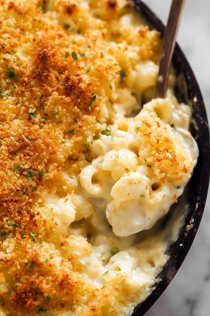 A close-up image of baked macaroni and cheese served in a dark round pan placed on a white marbled surface. The top layer is golden brown crispy breadcrumbs with some small green herb pieces scattered throughout. Below this, a thick creamy white cheese sauce covers macaroni pasta shells, which appear soft and coated in cheese. The spoon is scooping some macaroni from the dish, revealing the smooth melted cheese underneath the crunchy top. The texture contrasts between the crunchy breadcrumb topping and the creamy cheesy pasta inside. Photo taken with an iphone --ar 2:3 --v 7 - Baked Mac and Cheese with Crispy Topping, cheesy baked pasta, creamy baked mac and cheese, crunchy topping mac and cheese, homemade baked mac and cheese