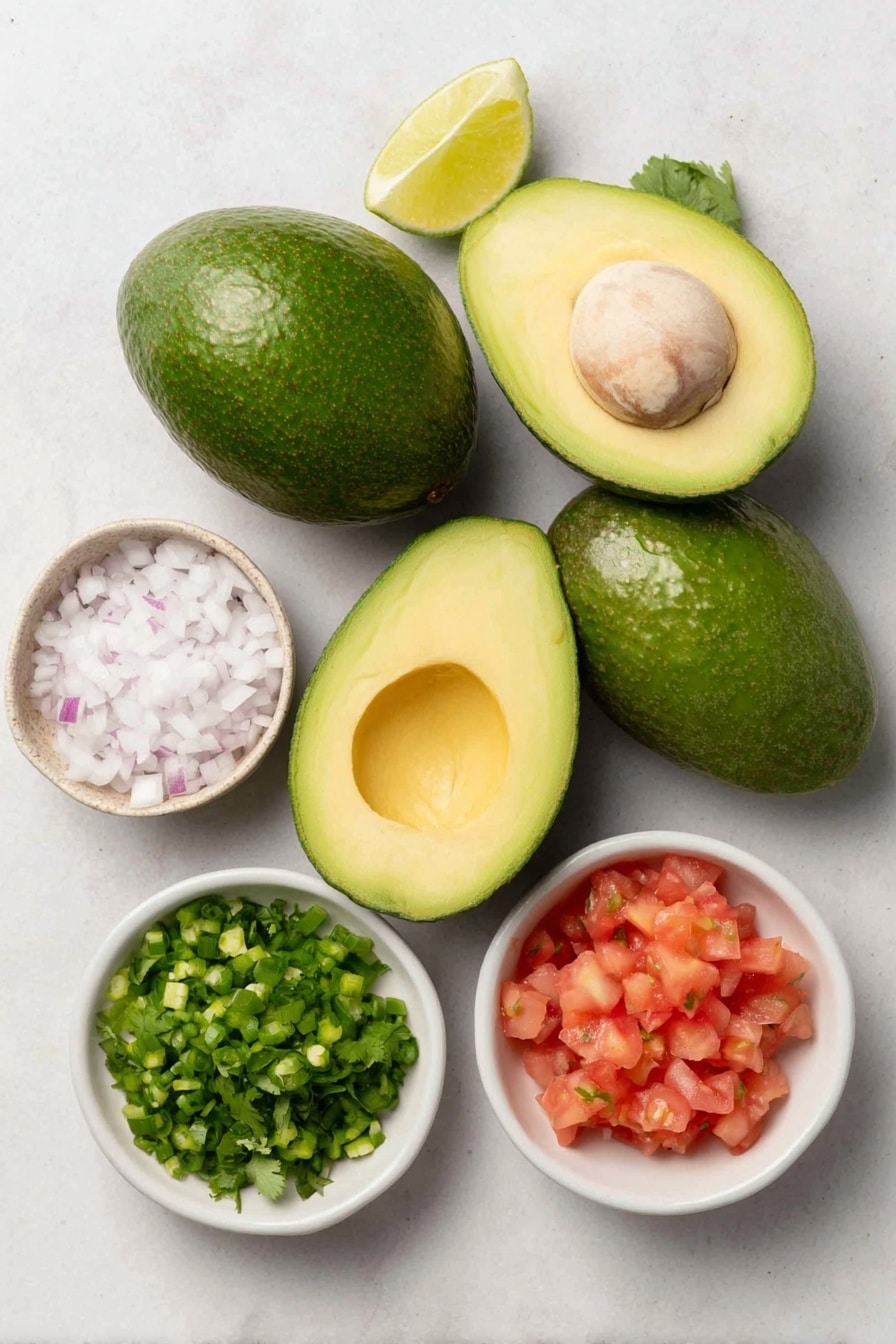 Flat lay of two whole uncracked medium avocados halved to show creamy green flesh, a small white ceramic bowl with finely chopped white onion, a small white bowl with finely chopped green jalapeño chili, a few fresh cilantro sprigs scattered and also roughly chopped in a small white bowl, a small white bowl with coarse sea salt, a halved fresh lime showing juicy pulp, and a ripe peeled, deseeded, chopped tomato in a small white bowl, all arranged symmetrically and balanced on a clean white marble surface, soft natural light, photo taken with an iPhone, professional food photography style, fresh ingredients, white ceramic bowls, no bottles, no duplicates, no utensils, no packaging --ar 2:3 --v 7 --p m7354615311229779997 - Quick and Creamy Guacamole, best guacamole dip, easy guacamole recipe, homemade guacamole, party dip ideas