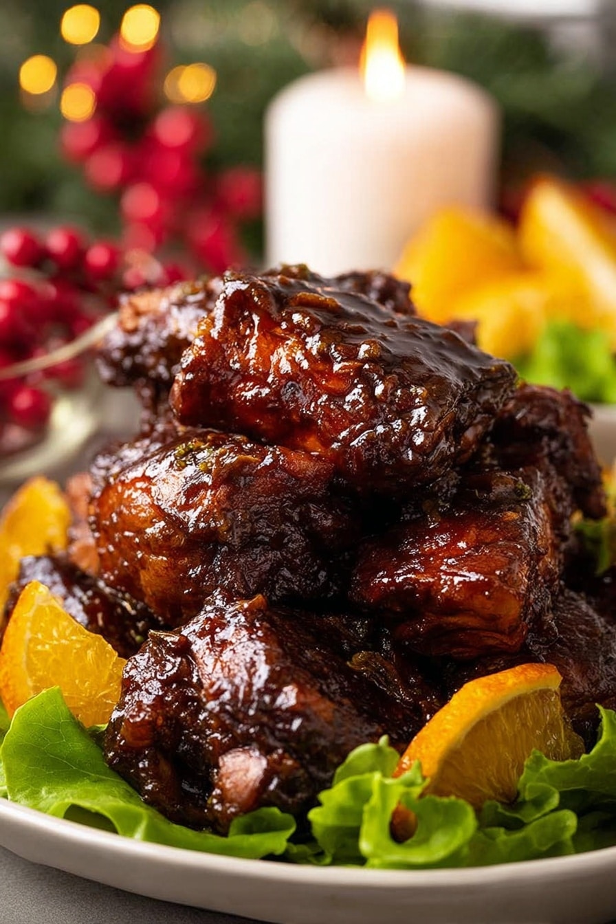 The image shows five pieces of shiny, dark brown glazed chicken on a white baking tray with some sauce pooled around. The chicken pieces are garnished with thin orange peel curls on top and sprinkled around. There are several bright orange slices placed between the chicken pieces, adding color contrast. A cinnamon stick and a star anise are also visible among the chicken. In the top right corner, a baking brush with sauce on its bristles rests partly in the sauce. The background is a white marbled texture. photo taken with an iphone --ar 2:3 --v 7 - Sticky Orange Christmas Chicken, Christmas Chicken recipes, festive holiday chicken, citrus glazed chicken, holiday main dish