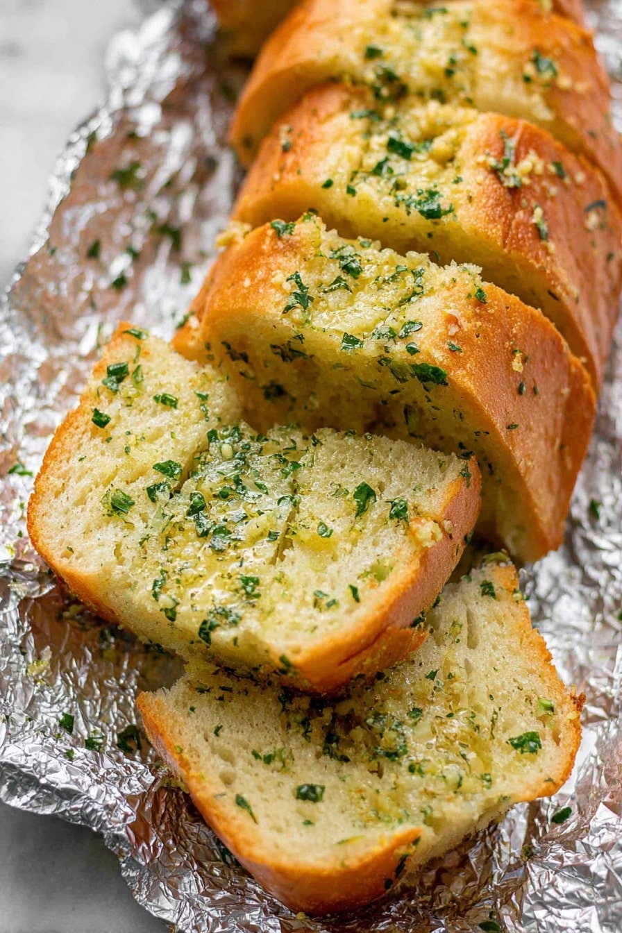 A loaf of garlic bread sliced into several pieces, resting on crinkled foil over a white marbled surface. Each slice shows a soft inside mixed with finely chopped green herbs and melted butter, while the crust is golden brown and shiny. The bread pieces are angled slightly to reveal the texture inside and the herbs spread evenly. photo taken with an iphone --ar 2:3 --v 7 - Homemade Garlic Bread, Garlic Bread from scratch, Easy garlic bread recipe, Crispy garlic bread, Buttery garlic bread