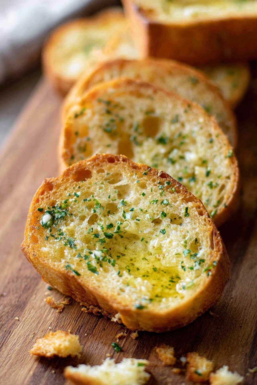 The image shows several slices of toasted bread placed on a wooden board. The bread has a golden brown crust with a soft, light inside full of small holes. Each slice is covered with melted butter mixed with small green herbs, giving a shiny and slightly textured look. The focus is on one slice in the front, where the butter is melting and glistening. There are bread crumbs scattered around on the board, and the background is softly blurred, emphasizing the bread slices. photo taken with an iphone --ar 2:3 --v 7 - Homemade Garlic Bread, Garlic Bread from scratch, Easy garlic bread recipe, Crispy garlic bread, Buttery garlic bread