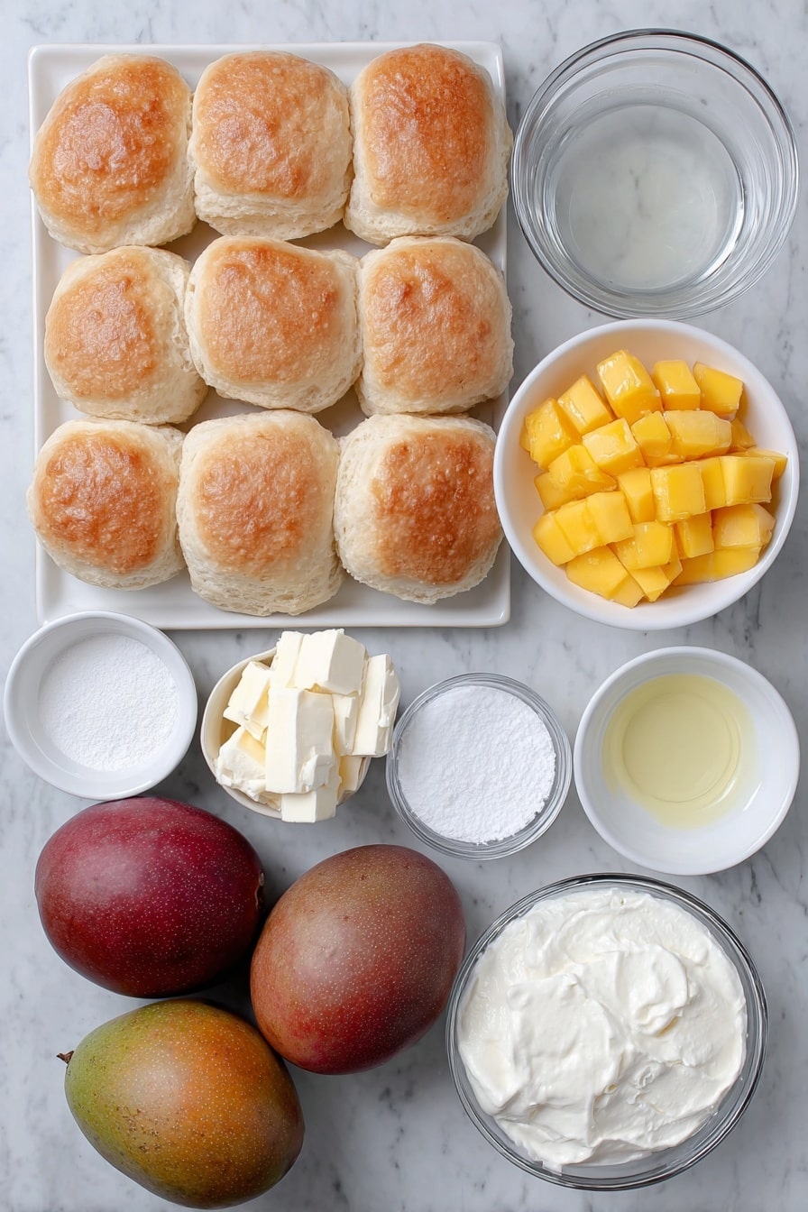 Flat lay of a neat stack of seventeen golden-brown plain sweet biscuits, a small puddle of melted unsalted butter on a simple white ceramic plate, a few tablespoons of fine white sugar in a small white bowl, two large ripe mangoes with vibrant orange flesh and smooth skin beside a small white bowl of bright yellow mango cubes, two whole passionfruits with deep purple wrinkled skin halved to reveal bright orange pulp and seeds inside a white bowl, two clean blocks of creamy Philadelphia cream cheese on a white plate, a small white bowl filled with superfine white granulated sugar, two small white bowls containing cold clear water, two small white bowls with fine gelatin powder, a small white bowl of freshly squeezed lemon juice, two small white bowls filled with fluffy white whipping cream, and a small white bowl of clear vanilla extract, all arranged symmetrically with balanced proportions, placed on a clean white marble surface, soft natural light, photo taken with an iPhone, professional food photography style, fresh ingredients, white ceramic bowls, no bottles, no duplicates, no utensils, no packaging --ar 2:3 --v 7 --p m7354615311229779997 - No-Bake Mango Cheesecake, tropical cheesecake recipe, easy summer dessert, no oven cheesecake, fruit flavored cheesecake