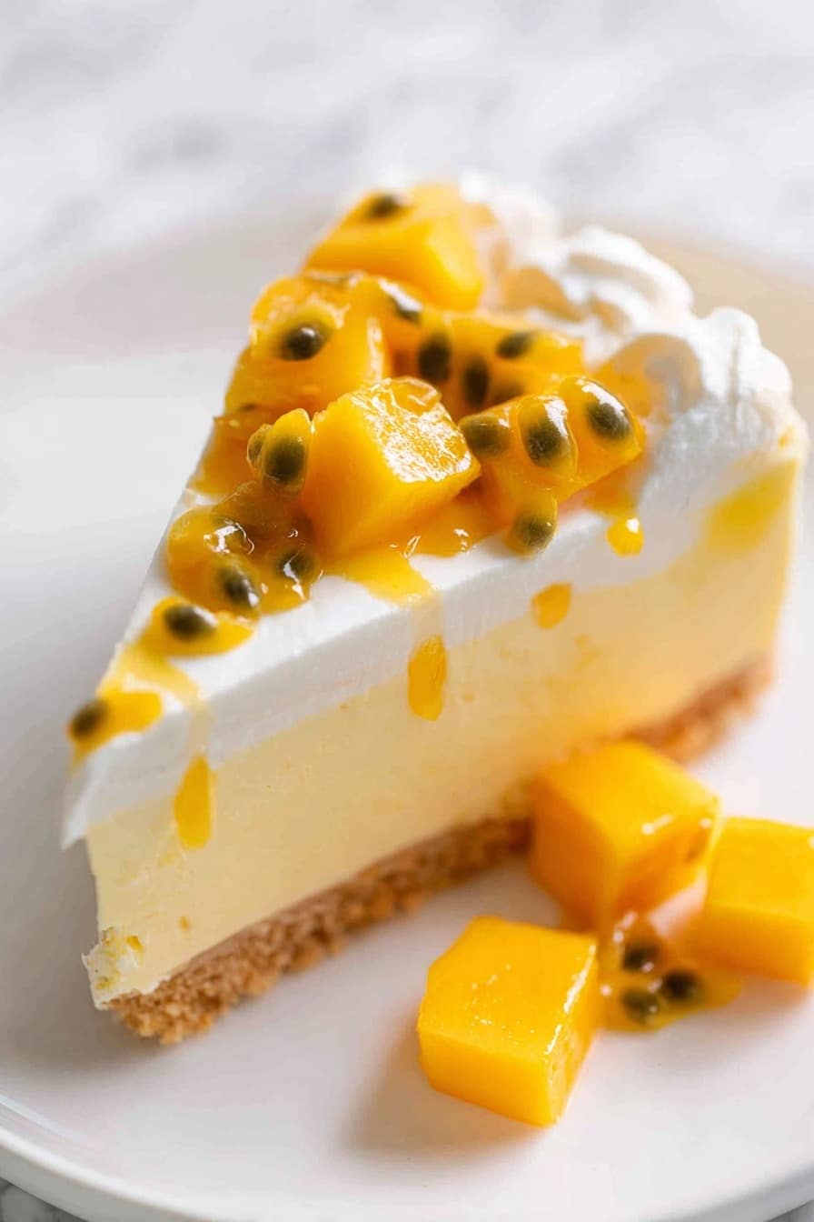 A slice of creamy layered dessert on a white plate, featuring three visible layers: the bottom is a light brown crumbly crust, the middle layer is smooth and pale yellow, and the top is white whipped cream with a fluffy texture. On top, there are bright orange mango cubes and glossy passion fruit seeds with yellow pulp drizzled over the cream. Additional mango cubes are scattered beside the slice on the plate. The background is a white marbled texture. Photo taken with an iphone --ar 2:3 --v 7 - No-Bake Mango Cheesecake, tropical cheesecake recipe, easy summer dessert, no oven cheesecake, fruit flavored cheesecake