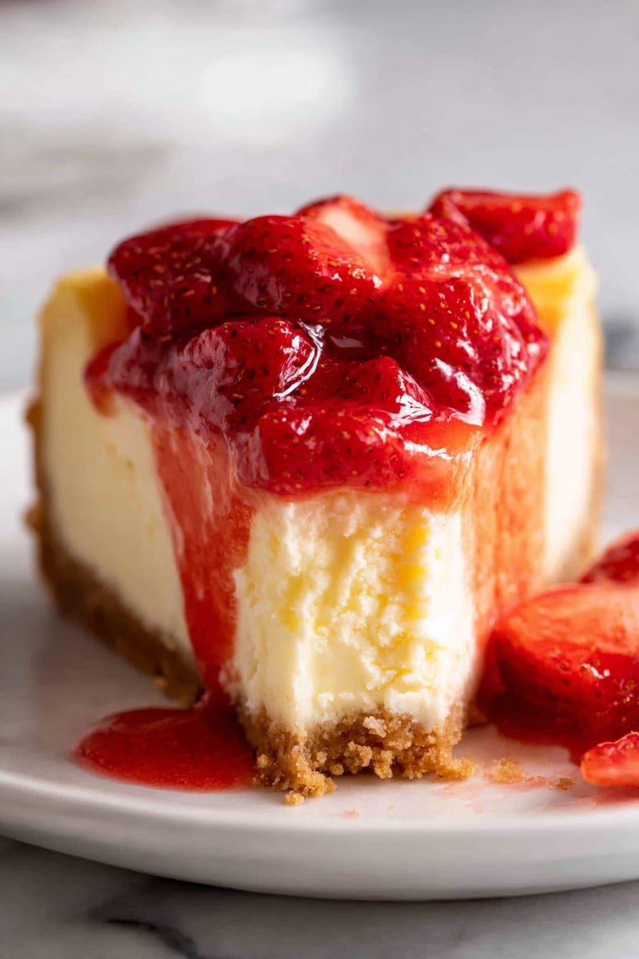 A close-up of a slice of cheesecake on a white plate over a white marbled surface, showing three layers: a light brown crumbly crust at the bottom, a thick creamy yellowish cheese layer in the middle, and a shiny red strawberry topping with whole strawberries dripping red sauce down the sides, some sauce pooling on the plate in front. Photo taken with an iphone --ar 2:3 --v 7 - Strawberry Cheesecake with Fresh Strawberry Sauce, easy strawberry cheesecake recipes, homemade strawberry dessert, creamy strawberry cheesecake, best strawberry cheesecake