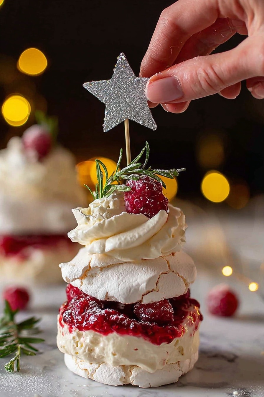 A tall slice of layered cake with four thick, light cream layers alternating with four fluffy white meringue layers, each cream layer has bits of red raspberries mixed inside. Red raspberry sauce drips down the side of the cake, pooling slightly near the bottom. The top is decorated with more cream, a single whole raspberry, and sprigs of green rosemary. The cake sits on a silver tray with a white marbled texture background visible behind. Photo taken with an iphone --ar 2:3 --v 7 - Festive Raspberry Pavlova Tree, raspberry pavlova centerpiece, holiday pavlova dessert, Christmas pavlova ideas, easy festive pavlova