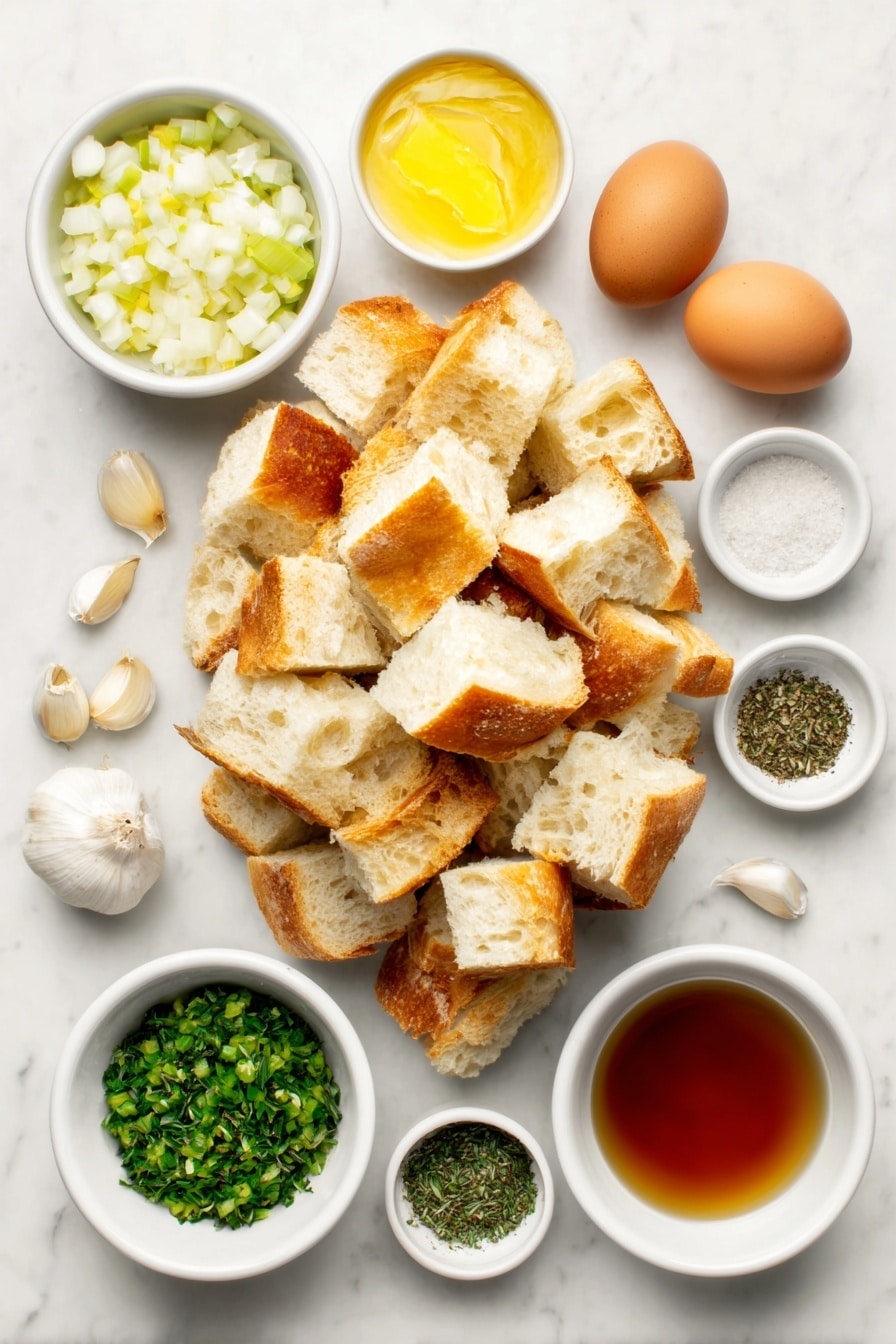 Flat lay of a large pile of mixed sourdough and Italian bread cubes, a small white ceramic bowl filled with golden unsalted butter, a small white ceramic bowl with diced sweet onion, a small white ceramic bowl with diced celery, six whole uncracked garlic cloves, a small white ceramic bowl with coarse kosher salt, a small white ceramic bowl with freshly ground black pepper, a small white ceramic bowl with chopped fresh sage, a small white ceramic bowl with chopped fresh parsley, a small white ceramic bowl with chopped fresh rosemary, a small white ceramic bowl holding amber-colored chicken stock, two whole uncracked large brown eggs, and a small white ceramic bowl with a mixture of fresh herb sprigs for sprinkling, all arranged with perfect symmetry and balanced proportions, placed on a clean white marble surface, soft natural light, photo taken with an iPhone, professional food photography style, fresh ingredients, white ceramic bowls, no bottles, no duplicates, no utensils, no packaging --ar 2:3 --v 7 --p m7354615311229779997 - Buttery Herb Bread Stuffing, savory bread stuffing with herbs, easy homemade stuffing, festive holiday side dish, flavorful stuffing recipe