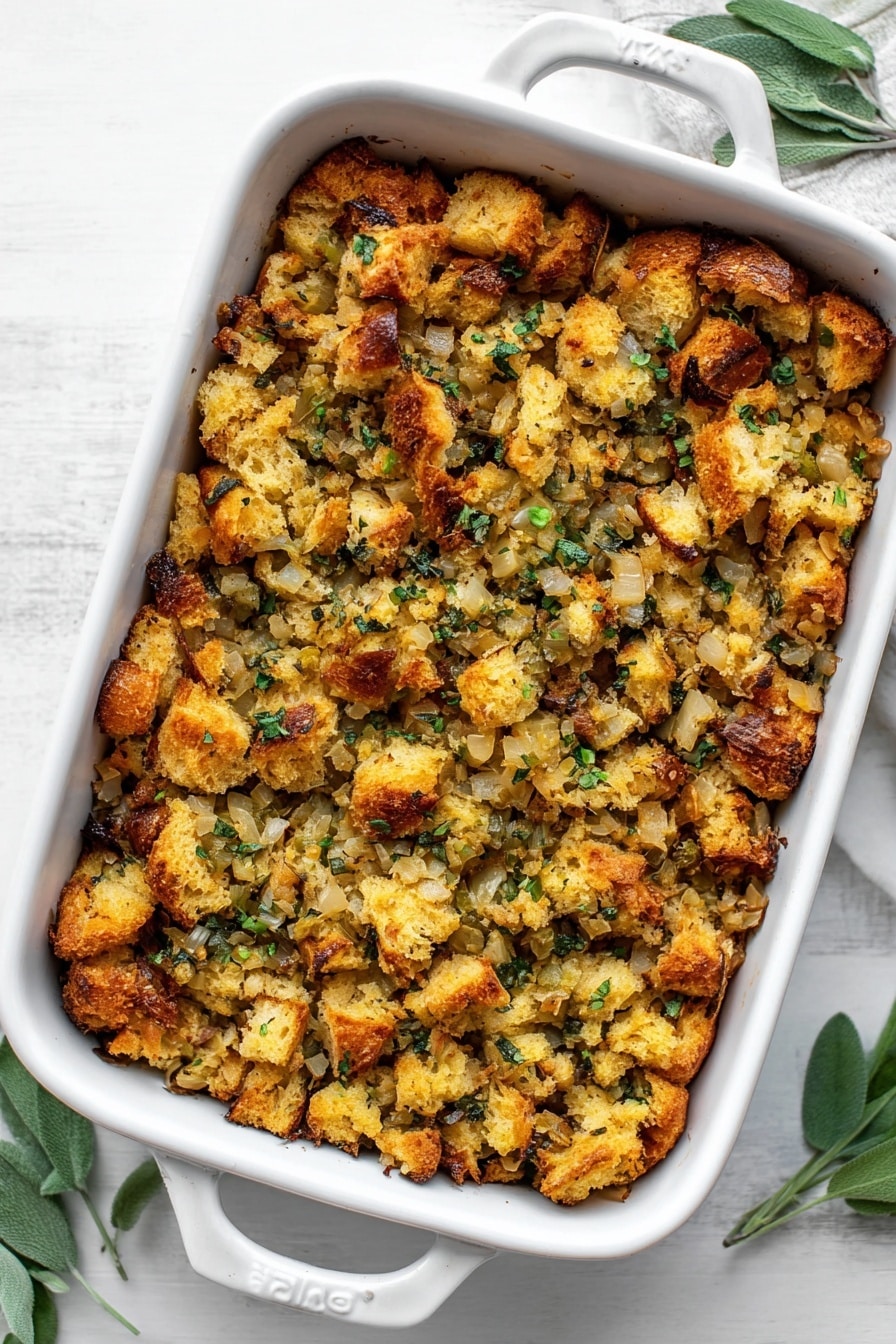 The image shows a white ceramic baking dish filled with a layer of golden brown stuffing. The stuffing has uneven chunks of bread pieces that look slightly crispy on top, scattered with small bits of green herbs and cooked onions mixed in. The dish is placed on a white marbled surface with a few fresh green leaves around it. The stuffing looks warm and textured with some darker crunchy spots on the edges. photo taken with an iphone --ar 2:3 --v 7 - Buttery Herb Bread Stuffing, savory bread stuffing with herbs, easy homemade stuffing, festive holiday side dish, flavorful stuffing recipe