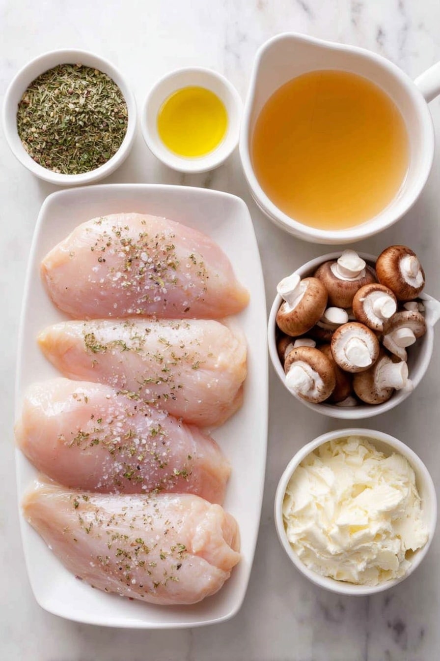 Flat lay of four medium raw chicken breasts seasoned with coarse salt and cracked black pepper, a small pile of mixed dried Italian herbs, three tablespoons of creamy butter in a simple white ceramic dish, two teaspoons of golden olive oil in a small white bowl, a small mound of minced fresh garlic, a neat pile of freshly sliced brown mushrooms, a small white bowl filled with pale golden chicken broth, a small white bowl holding clear pale marsala wine, a small white bowl of heavy cream, a small white bowl with clear cold water, and a small white bowl containing fine white corn starch, all arranged with perfect symmetry and balanced proportions, placed on a clean white marble surface, soft natural light, photo taken with an iPhone, professional food photography style, fresh ingredients, white ceramic bowls, no bottles, no duplicates, no utensils, no packaging --ar 2:3 --v 7 --p m7354615311229779997 - Instant Pot Chicken Marsala, Chicken Marsala recipe, quick chicken dinner, easy Instant Pot recipes, flavorful chicken pasta dish