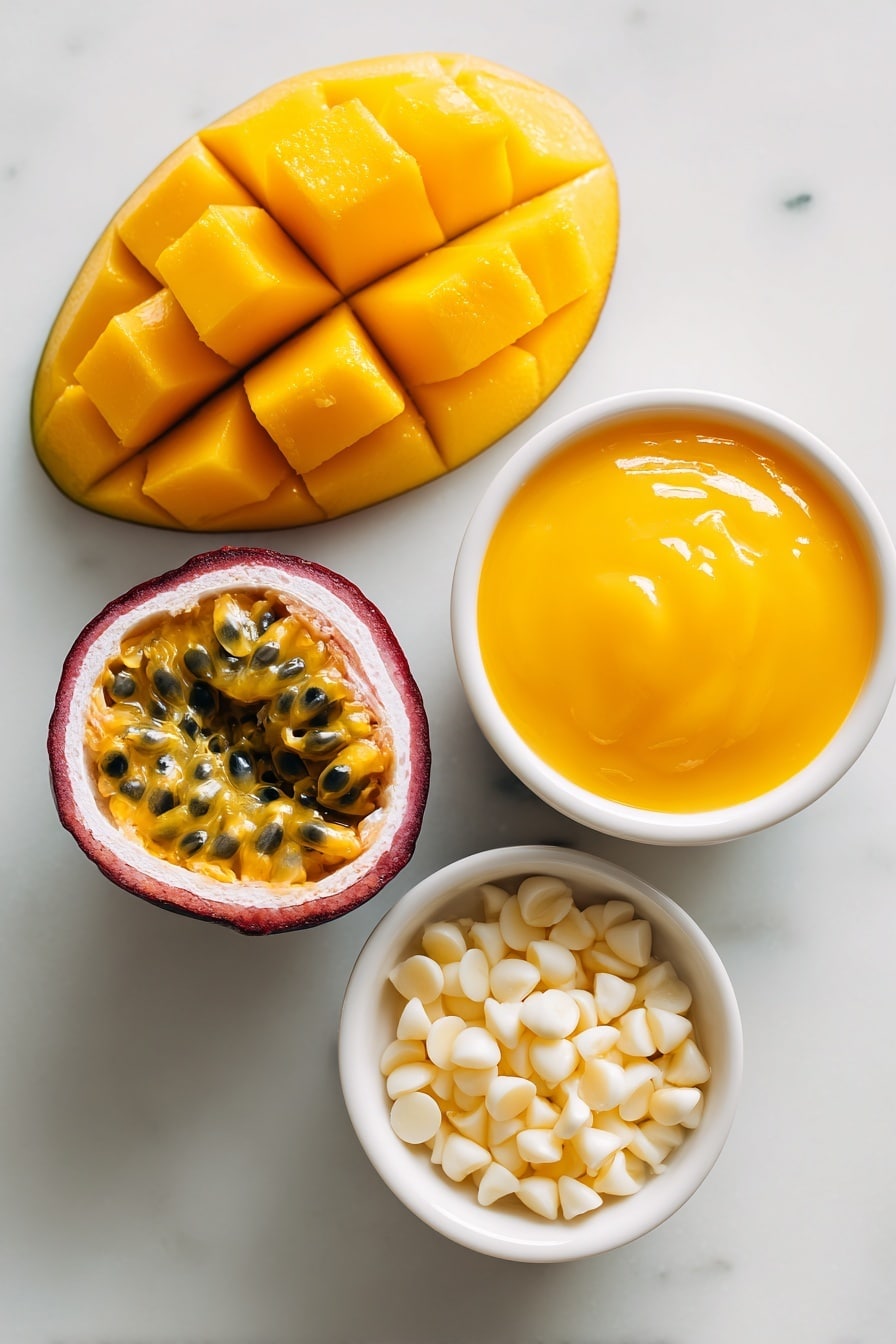 Flat lay of fresh ripe mango pieces arranged beside a halved passionfruit with vibrant yellow pulp and black seeds, a small white ceramic bowl filled with smooth mango puree, a small white ceramic bowl holding glossy white chocolate chips, all perfectly spaced in balanced symmetry on a clean white marble surface, soft natural light, photo taken with an iPhone, professional food photography style, fresh ingredients, white ceramic bowls, no bottles, no duplicates, no utensils, no packaging --ar 2:3 --v 7 --p m7354615311229779997 - Mango Passionfruit White Chocolate Cups, tropical fruit desserts, no-bake mango passionfruit treats, easy white chocolate desserts, summer fruit dessert recipes
