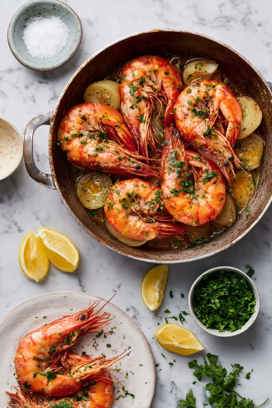 A round pan filled with five large cooked shrimp arranged on top of golden-brown garlic slices with green parsley sprinkled over them, all placed on a white marbled surface. Next to the pan is a small white bowl with salt and a white plate with three shrimp garnished with parsley. There are two lemon wedges on the surface near a small white bowl filled with fresh parsley. The colors are warm and fresh with orange-red shrimp, light golden garlic, bright green parsley, and yellow lemon pieces. Photo taken with an iphone --ar 2:3 --v 7 - Garlic Shrimp Skillet, Shrimp skillet recipe, quick garlic shrimp, easy seafood dinner, flavorful shrimp stir-fry
