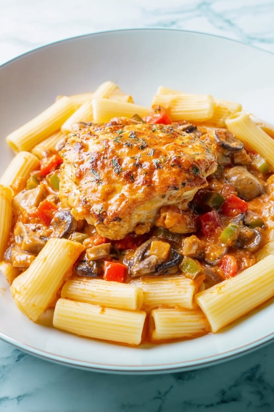 A white plate holds a single layer of rigatoni pasta, pale yellow tubes with ridges, evenly spread in a circle. On top of the pasta is a thick layer of cooked mushrooms and diced red and green bell peppers mixed in a light orange-red sauce with a smooth texture. Centered above this is a large piece of golden brown cooked chicken, covered in the same sauce, with a slightly shiny and textured surface showing some grill marks. The whole dish rests on a white marbled surface. Photo taken with an iphone --ar 2:3 --v 7 - Instant Pot Chicken Cacciatore, easy Instant Pot chicken dinner, quick chicken cacciatore recipe, Italian chicken recipes, one-pot chicken dishes