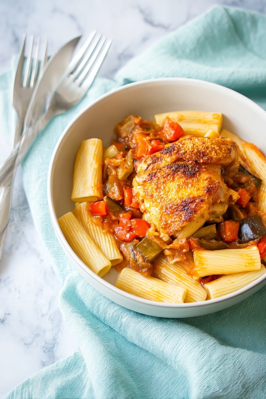 The image shows a white bowl filled with several layers of food. At the bottom, there is a layer of rigatoni pasta, pale yellow with visible ridges, providing a textured base. On top of the pasta, chunks of cooked vegetables, including red bell peppers and darker brown pieces like mushrooms or eggplant, are mixed in a light red-orange sauce that looks slightly thick and glossy. The top layer has a single piece of cooked skin-on chicken, golden brown with a slightly crispy texture and some darker charred spots, covered partially with the sauce and some small vegetable pieces. The bowl sits on a soft light blue cloth, placed on a white marbled surface. A knife and fork rest nearby. Photo taken with an iphone --ar 2:3 --v 7 - Instant Pot Chicken Cacciatore, easy Instant Pot chicken dinner, quick chicken cacciatore recipe, Italian chicken recipes, one-pot chicken dishes