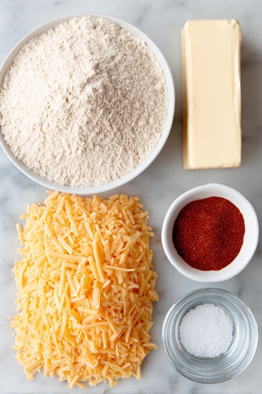Flat lay of a simple white ceramic bowl filled with pale self-rising flour, a small white bowl containing vibrant red smoked paprika powder, a tiny white bowl with bright orange cayenne pepper powder, a small white bowl holding coarse kosher salt crystals, a neat pile of freshly grated sharp cheddar cheese with a rich orange hue, a stick of unsalted butter with a pale creamy color, and a few tablespoons of clear water in a small white bowl, all ingredients looking fresh and natural, perfectly arranged with balanced layout and symmetry, placed on a clean white marble surface, soft natural light, photo taken with an iPhone, professional food photography style, fresh ingredients, white ceramic bowls, no bottles, no duplicates, no utensils, no packaging --ar 2:3 --v 7 --p m7354615311229779997 - Cheese Straws crispy snacks, savory cheese snacks, cheesy appetizer ideas, easy cheese snack recipe, homemade cheese straws