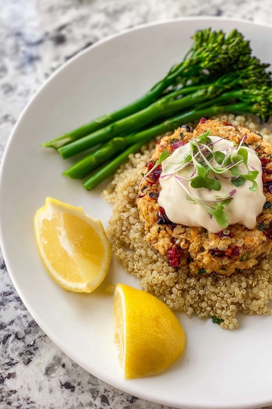 Two round patties with a golden brown, slightly crispy texture are placed stacked slightly off-center on a white plate. The patties have small bits of red and black seasoning mixed in, giving a colorful, speckled look. On top of the patties, there is a small bunch of fresh green microgreens adding a fresh contrast. Around the plate, there are two lemon wedges at the upper right and lower right edges and several small sprigs of green herbs scattered on the white marbled background. The photo taken with an iphone --ar 2:3 --v 7 - Hearts of Palm Crab Cakes, plant-based crab cakes, vegan crab cakes recipe, easy seafood alternative recipes, flaky vegetable cakes