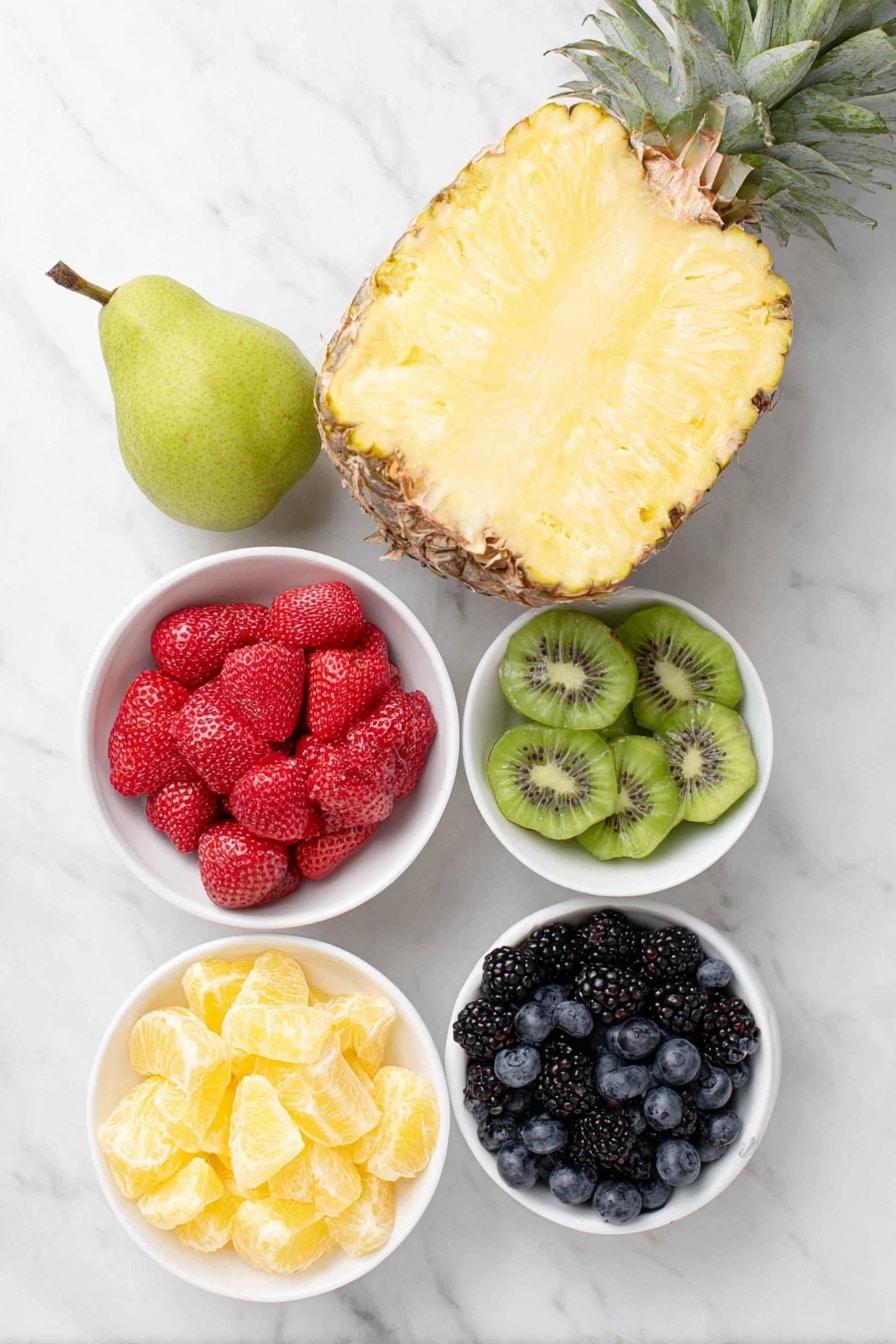Flat lay of a whole fresh pineapple with top and bottom cut off revealing bright yellow flesh, a ripe green pear standing upright with smooth skin, a small cluster of shiny green grapes, a handful of plump blackberries, a small pile of vibrant red strawberries both whole and halved, three kiwi fruits sliced into green star shapes with black seeds, peeled and segmented bright orange clementines arranged neatly, a small heap of fresh deep blue blueberries, and a few sprigs of bright green mint leaves, all displayed on simple white ceramic bowls and plates in perfect symmetry, placed on a clean white marble surface, soft natural light, photo taken with an iPhone, professional food photography style, fresh ingredients, white ceramic bowls, no bottles, no duplicates, no utensils, no packaging --ar 2:3 --v 7 --p m7354615311229779997 - Festive Fruit Christmas Tree, holiday fruit centerpiece, healthy Christmas appetizer, easy Christmas fruit arrangement, colorful holiday fruit display