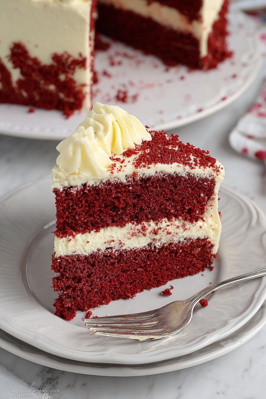 This image shows a slice of red velvet cake with two thick, moist red layers that have a soft, crumbly texture. Between these layers is a thick white cream layer that also surrounds the edges of the slice with a smooth and slightly fluffy texture, decorated with small cake crumbs. The cake slice sits on a white plate with a subtle scalloped edge, and a silver fork rests beside it on the plate. In the background, part of the remaining cake is visible on a white plate, placed on a white marbled surface. Photo taken with an iphone --ar 2:3 --v 7 - Red Velvet Cake with Cream Cheese Frosting, moist red velvet cake, cream cheese frosting recipe, best red velvet cake, easy red velvet cake