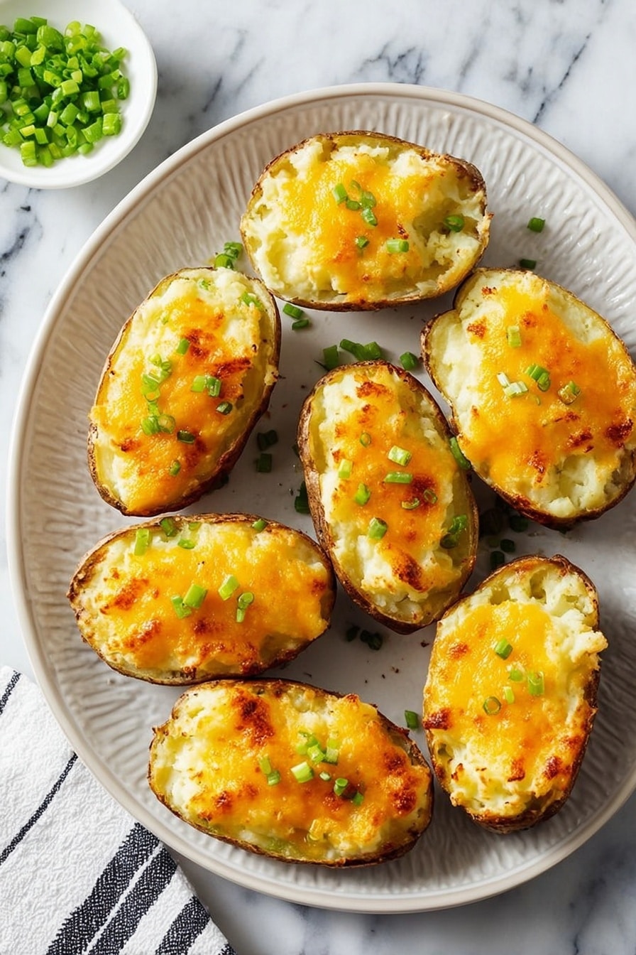 Three potato skins are shown on a baking tray with light brown parchment paper, filled with a creamy white mashed potato layer mixed with small yellow cheese bits and green broccoli pieces. The potato skins are light brown and crispy, forming a shell around the fillings. Bright green chopped scallions are scattered on top, adding freshness and color contrast. The background has a white marbled texture. Photo taken with an iphone --ar 2:3 --v 7 - Twice Baked Potato, baked potato with cheese and garlic, easy appetizer recipes, cheesy twice baked potatoes, crowd-pleasing side dishes
