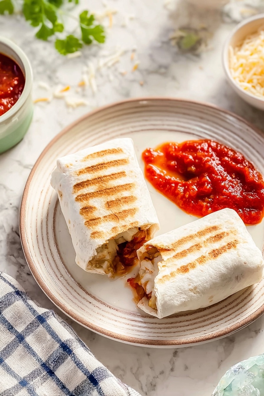 Two small rectangular burritos with light brown grill marks lie on a white plate with beige stripes on a white marbled surface. One burrito is intact while the other is partially eaten, showing a mix of ingredients inside. To the right on the plate, there is a small serving of chunky red salsa, slightly spread out. Around the plate are small bits of cheese and a blurred white bowl filled with more salsa nearby. A white and blue checkered cloth and a bit of cilantro can be seen on the side. Photo taken with an iphone --ar 2:3 --v 7 - Easy Homemade Burritos with Cilantro Rice and Beans, homemade burritos, easy burrito recipe, quick burritos, veggie and bean burritos