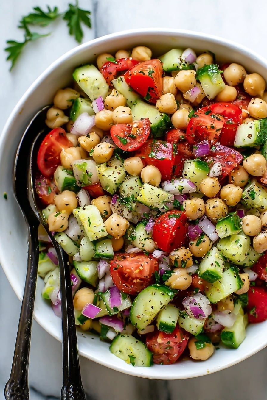 The image shows a white bowl filled with a colorful salad made of chickpeas, chopped cucumber, tomato pieces, and small chunks of purple onion, all mixed together. The chickpeas are light beige and round, sitting on top and throughout the salad. The cucumber pieces are green with darker skin edges and light green inside, giving texture. The tomato chunks are red and glossy, layered around the chickpeas and cucumbers. The purple onion bits add small splashes of light purple and white. There are fresh green herbs sprinkled on top along with visible black pepper. Two black serving spoons are placed inside the bowl, partially covered by the salad. The bowl rests on a white marbled surface with a green herb garnish placed out of focus on the side. Photo taken with an iphone --ar 2:3 --v 7 - Refreshing Chickpea Salad with Cucumber and Tomato, healthy chickpea salad, quick vegetarian salad, vibrant summer salad, easy chickpea salad
