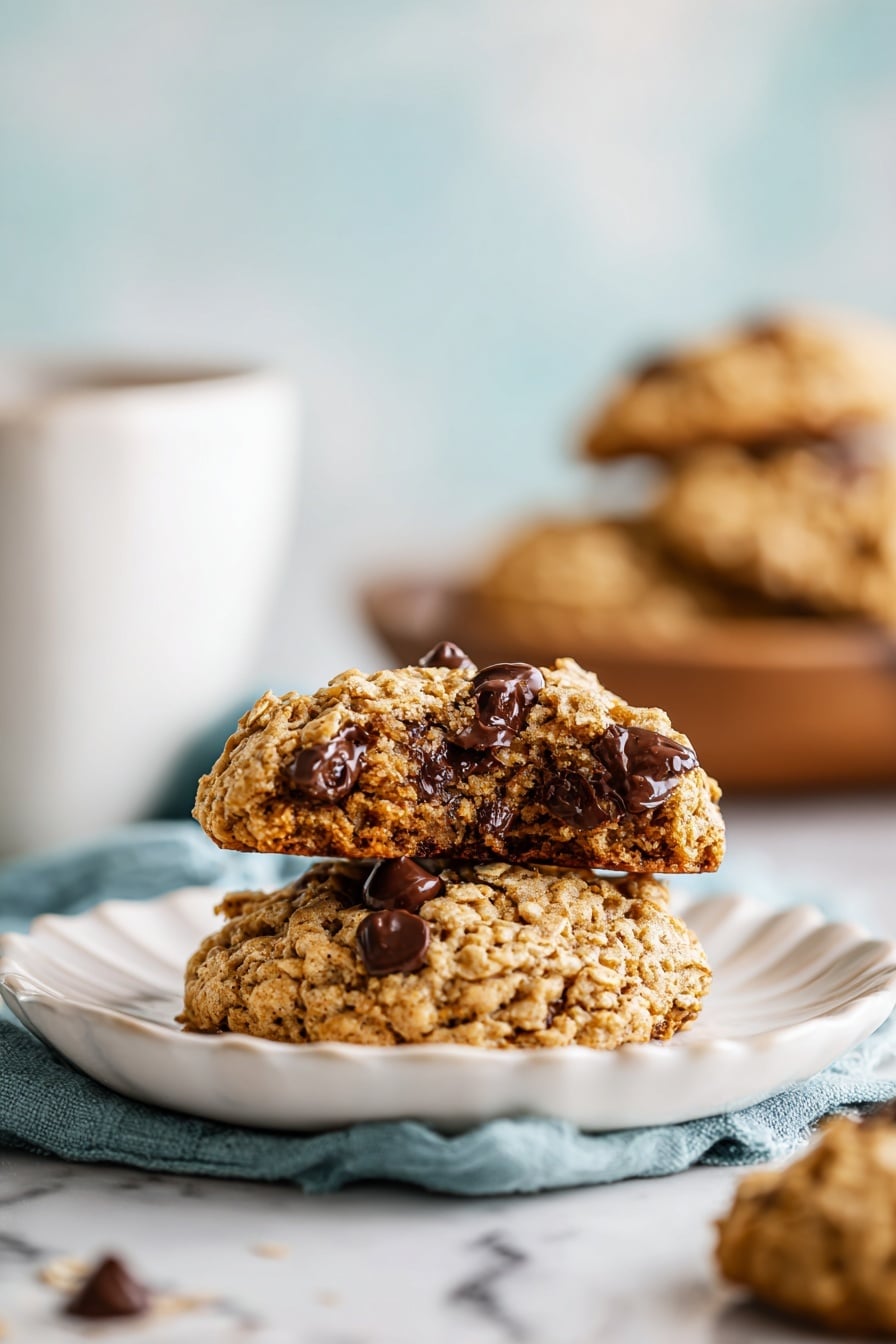A close-up of two thick oatmeal cookies stacked on a white plate with a scalloped edge, with the top cookie bitten revealing soft, moist inside filled with dark brown melted chocolate chips and bits of oat. The cookies are light golden brown with visible oat flakes and more chocolate chips scattered on top. In the background, more cookies sit on the plate, slightly out of focus, alongside a white cup and a small wooden bowl on a white marbled surface with a soft blue cloth underneath the plate. photo taken with an iphone --ar 2:3 --v 7 - Healthy Banana Breakfast Cookies, healthy breakfast ideas, easy nutritious cookies, homemade health snacks, banana oatmeal cookies