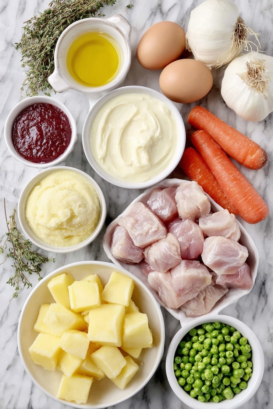 Flat lay of a few sprigs of fresh thyme, two glossy bay leaves, two uncracked brown eggs, a small white ceramic bowl of golden olive oil, a small white bowl filled with rich heavy cream, one peeled yellow potato cut into chunks, two bright orange carrots sliced into half moons, one crisp celery stalk finely chopped, one whole white onion finely chopped, three peeled garlic cloves, four pieces of raw boneless skinless chicken breasts cut into cubes, a small white ceramic bowl containing smooth tomato paste, a small white bowl with a clear white wine, a small white bowl filled with clear water, a small white bowl holding yellow corn starch powder, a small white bowl filled with fresh green peas, placed on a clean white marble surface, soft natural light, photo taken with an iPhone, professional food photography style, fresh ingredients, white ceramic bowls, no bottles, no duplicates, no utensils, no packaging --ar 2:3 --v 7 --p m7354615311229779997 - Creamy Slow Cooker Chicken Stew, hearty chicken stew, easy slow cooker dinner, comfort food recipes, flavorful chicken stew