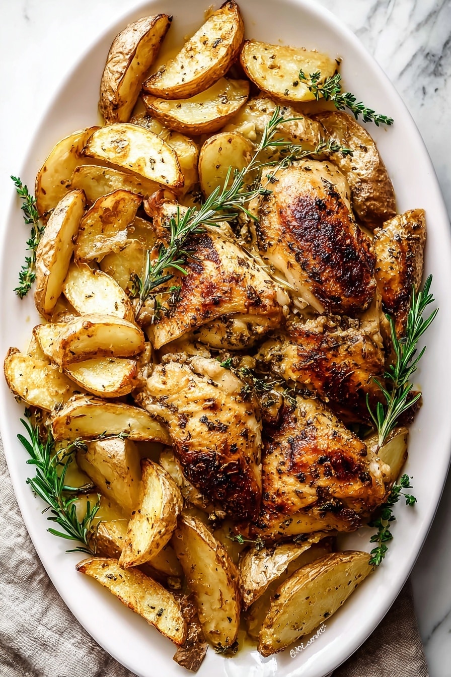 A white oval plate filled with two main layers: the bottom layer is made up of golden roasted potato wedges that are crispy on the edges with a light brown, rough texture, scattered evenly around the plate; the top layer features roasted chicken pieces with browned, slightly crispy skin, showing a mix of golden and deep brown shades, with sprigs of fresh green herbs like rosemary and thyme placed on top and around for decoration. The plate sits on a white marbled texture background. photo taken with an iphone --ar 2:3 --v 7 - Greek Lemon Chicken and Potatoes Roast, Greek Lemon Chicken, Lemon Chicken and Potatoes, Greek Roast Dinner, Easy Greek Chicken Recipe