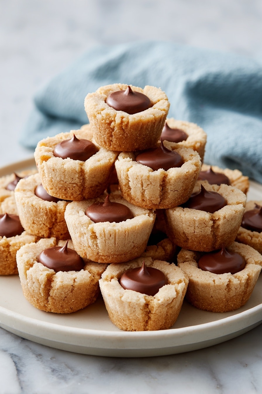 A stack of about fifteen small beige cookie cups arranged closely on a round white plate, each cookie cup has a smooth, shiny chocolate candy placed neatly in the center with a slightly darker brown rim around the candy, the cookie texture is crumbly and slightly cracked at the edges, the plate is set on a white marbled surface with a soft blue cloth casually folded in the background, the lighting highlights the warm tones of the cookies and the glossy chocolate centers. photo taken with an iphone --ar 2:3 --v 7 - Peanut Butter Cup Cookies, peanut butter cookie recipe, chewy peanut butter cookies, easy peanut butter cookies, chocolate peanut butter cookies