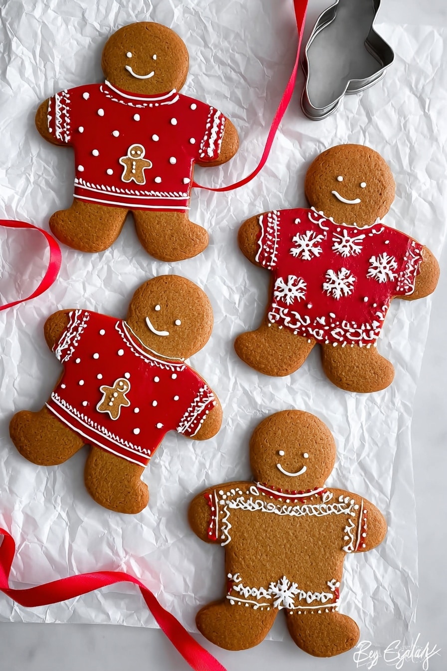 Four gingerbread cookies shaped like people lie on crumpled white paper over a white marbled surface. Each cookie wears a red sweater decorated with white icing: two have white polka dots and small gingerbread men in the center, while the other two have white floral or snowflake patterns. A thin red ribbon weaves through the cookies from the bottom left to the middle right, looping under a metal cookie cutter shaped like a gingerbread person near the bottom right of the image. The photo taken with an iphone --ar 2:3 --v 7 - Gluten Free Gingerbread Men, gluten free holiday cookies, allergy-friendly gingerbread cookies, dairy-free gingerbread men, low FODMAP gingerbread recipes