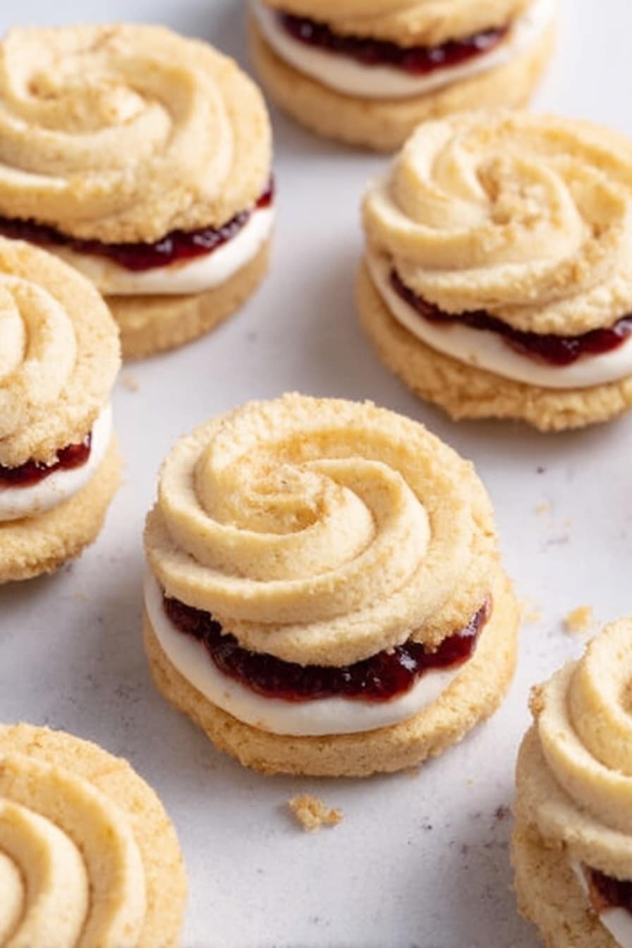 The image shows several small sandwich cookies placed closely on a white marbled surface. Each cookie has two light golden, swirled layers that look soft and crumbly. Between the layers, there is a thin spread of dark red jam and a layer of white cream. The top cookie's swirl has a smooth texture with slight crumbs on the edges. The overall look is neat and inviting. photo taken with an iphone --ar 2:3 --v 7 - Delicious Viennese Whirls with Jam Filling, Viennese Whirls recipe, buttery biscuit recipe, jam-filled cookies, classic teatime biscuits