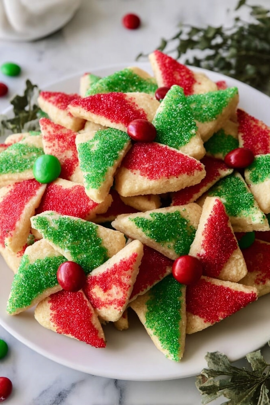 The image shows a pile of pinwheel-shaped cookies on a white plate placed on a white marbled surface. Each cookie has four triangular layers, with two opposite triangles coated in red sugar crystals and the other two coated in green sugar crystals. The uncoated parts of the dough are light golden brown. In the center of each pinwheel, there is a small round candy in red or green, attaching the points of the triangles. Some small green leaves and twigs are partially visible around the plate, adding a festive touch. Photo taken with an iphone --ar 2:3 --v 7 - Poinsettia Cookie Pinwheels, holiday cookie recipes, festive pinwheel cookies, Christmas cookie ideas, buttery cookie treats