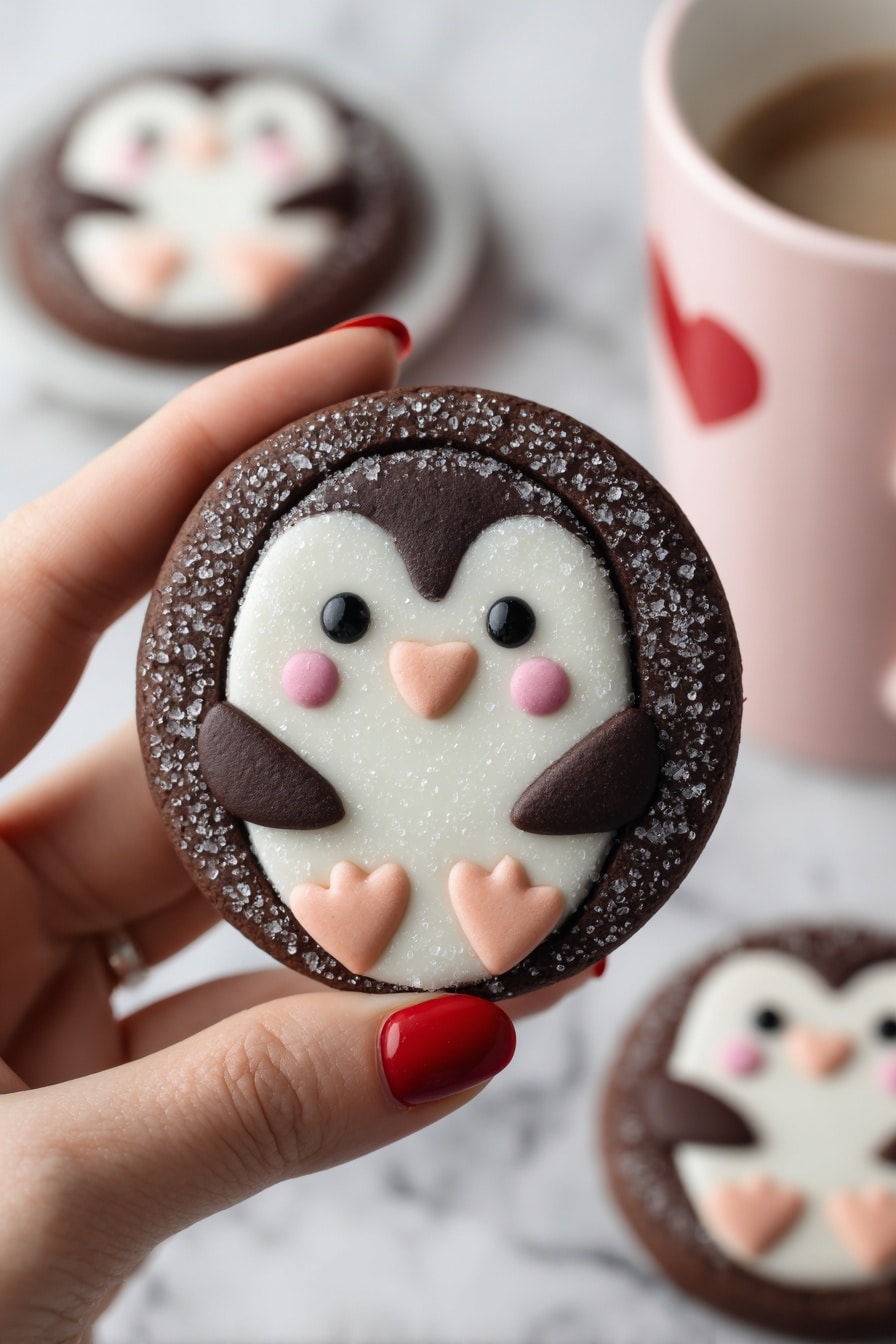 Five round dark brown cookies are arranged on white parchment paper over a white marbled surface. Each cookie is decorated with a cute penguin made from a layer of white sugar for the body, with dark chocolate wings, small peach beaks and feet, black eyes, and pink cheeks. Three of the penguins have three tiny pink heart sprinkles on their heads. Around the cookies, there are scattered small heart-shaped confetti in red, pink, and white. To the left, there are two clear bowls filled with pastel heart-shaped candies and small pink and white heart sprinkles. A woman's hand with red nail polish is holding the bottom left cookie. In the lower right corner, a pink spatula with a red heart on the handle lies on the surface. The overall look is bright, sweet, and festive. photo taken with an iphone --ar 2:3 --v 7 - Penguin Cookie, adorable cookie idea, festive holiday cookies, cute cookie recipes, chewy buttercream cookies
