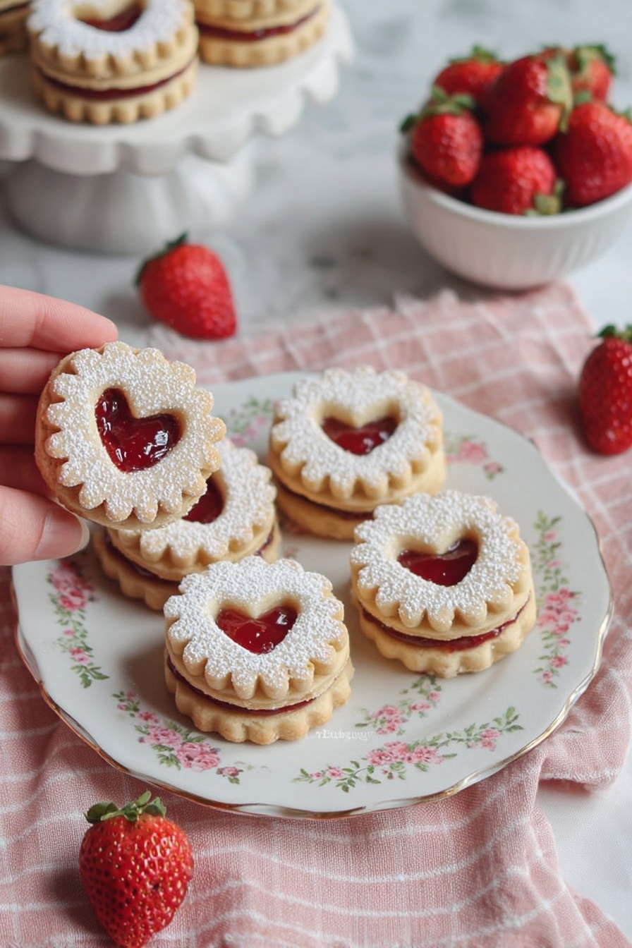 The image shows a white plate with a gold rim, filled with round sandwich cookies stacked in layers. Each cookie has a scalloped edge and is dusted with white powdered sugar on top. The top cookie of each pair has a small heart-shaped cutout in the center, revealing a bright red strawberry jam layer inside. The cookies are light golden brown with a smooth texture, and the jams create a glossy contrast visible through the heart shapes. The plate rests on a soft pink and white striped cloth, all placed on a white marbled surface. Photo taken with an iphone --ar 2:3 --v 7 - Sweet Raspberry Linzer Cookies, raspberry jam cookies, festive cookie recipes, easy holiday cookies, pastel sandwich cookies