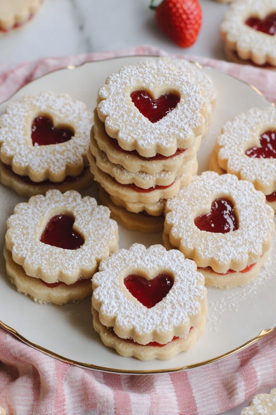 The image shows round sandwich cookies with scalloped edges and a heart-shaped cutout in the top layer, revealing red jam inside. Each cookie has two layers: the bottom layer is a light golden cookie base, and the top layer is a matching cookie with powdered sugar sprinkled on top. The cookies are arranged on a white plate with delicate floral patterns, placed on a soft pink and white checkered cloth over a white marbled surface. A small white bowl filled with bright red strawberries is visible in the background, along with a few loose strawberries scattered around. A woman's hand is gently holding one cookie on a white cake stand to the left. Photo taken with an iphone --ar 2:3 --v 7 - Sweet Raspberry Linzer Cookies, raspberry jam cookies, festive cookie recipes, easy holiday cookies, pastel sandwich cookies