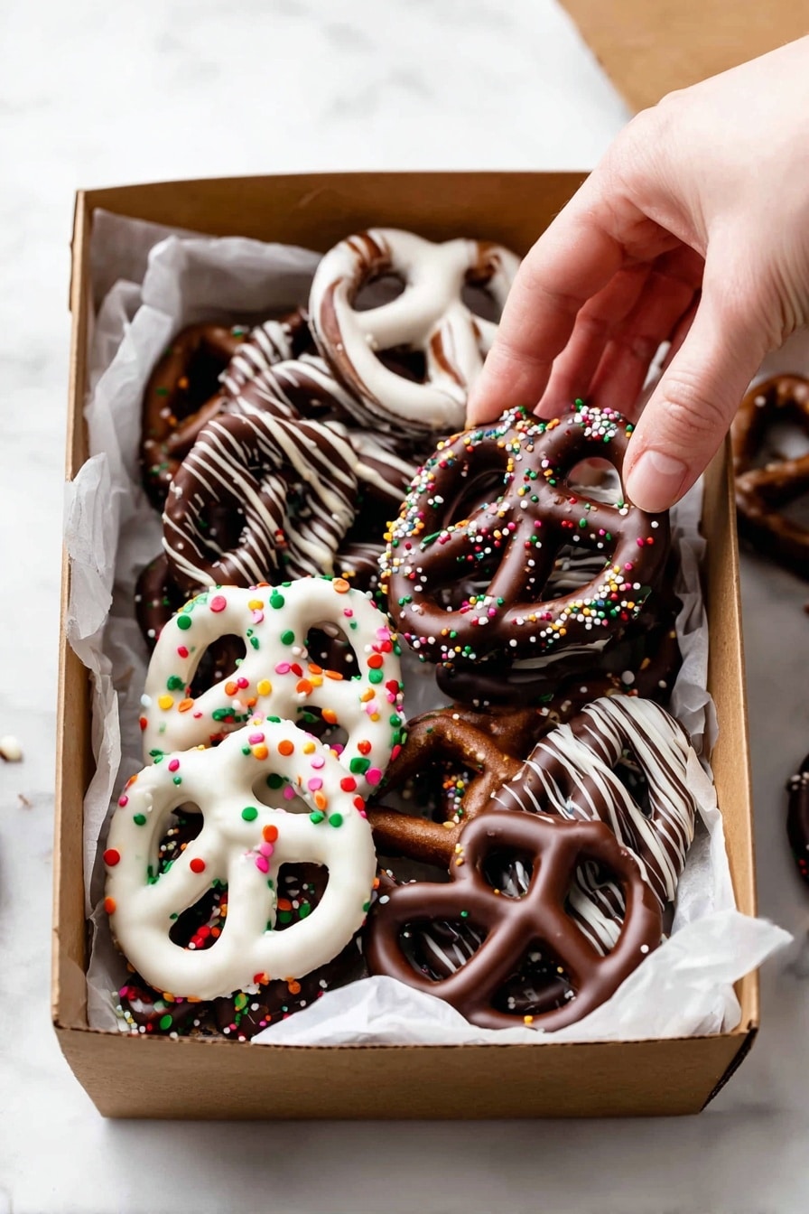 A white square box lined with white parchment paper holds an assortment of chocolate-covered pretzels. There are two main types: some are fully coated in white chocolate with colorful sprinkles on top, while others are fully coated in milk chocolate. Some pretzels have thin milk chocolate stripes over the white coating, and others have white chocolate stripes over the milk chocolate coating. The pretzels are arranged loosely inside the box with a few placed outside on a white marbled surface. Nearby, there is a wrapped gift box with a silver glittery bow and evergreen decoration, a red and green striped tin, and a fringed red cloth. Photo taken with an iphone --ar 2:3 --v 7 - Chocolate Covered Pretzels Easy, easy pretzel snack recipe, homemade chocolate pretzels, salty sweet pretzels, quick dessert treats