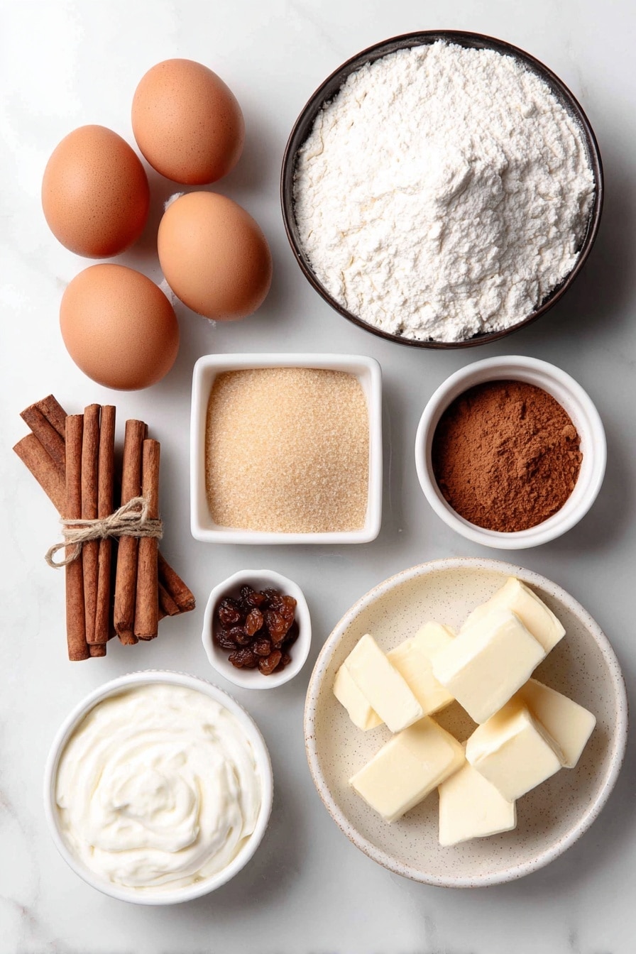 Flat lay of a small bowl of all purpose flour, a small bowl of light brown sugar, a few cinnamon sticks tied together, a small pile of ground cinnamon, cardamom, ginger, nutmeg, and cloves arranged neatly in small white ceramic bowls, a small bowl of vegetable oil, a small bowl of unsweetened apple sauce, four whole uncracked large brown eggs with clean shells, a small bowl of sour cream, a small bowl of unsalted butter cubes, a small bowl of cream cheese block, a small bowl of powdered sugar, and a small bowl of candied nuts, all placed on a clean white marble surface, soft natural light, photo taken with an iPhone, professional food photography style, fresh ingredients, white ceramic bowls, no bottles, no duplicates, no utensils, no packaging --ar 2:3 --v 7 --p m7354615311229779997 - Spice Cake with Brown Butter Cream Cheese Frosting, fall spice cake recipe, moist spice cake with cream cheese frosting, warm holiday spice cake, cozy layered spice cake