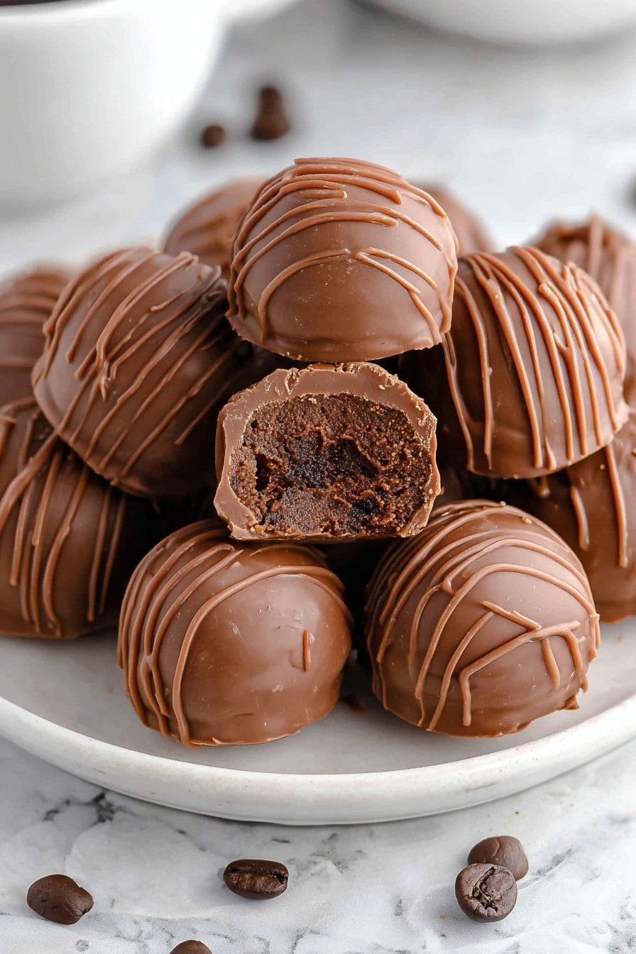 A white plate filled with round milk chocolate truffles, each truffle covered with thin milk chocolate drizzle lines on top. One truffle is broken in half and placed on top of the others, showing a thick, darker chocolate center with a smooth and slightly crumbly texture inside. The plate is on a white marbled surface with a few dark brown coffee beans scattered around. Photo taken with an iphone --ar 2:3 --v 7 - Coffee Chocolate Truffles, chocolate truffles with coffee, easy coffee truffle recipe, homemade coffee chocolates, decadent coffee dessert