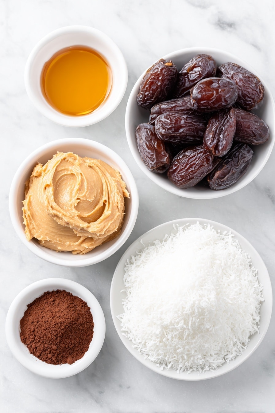 Flat lay of a small mound of creamy peanut butter in a simple white ceramic bowl, a small white bowl of glossy pitted Medjool dates, a small white bowl filled with dark brown cacao powder, a small white bowl of amber maple syrup, and a small white plate heaped with fluffy desiccated coconut, all arranged in perfect symmetry and balanced proportions, placed on a clean white marble surface, soft natural light, photo taken with an iPhone, professional food photography style, fresh ingredients, white ceramic bowls, no bottles, no duplicates, no utensils, no packaging --ar 2:3 --v 7 --p m7354615311229779997 - Healthy Date Energy Balls, natural snack bites, no bake energy balls, healthy snack ideas, quick healthy treats