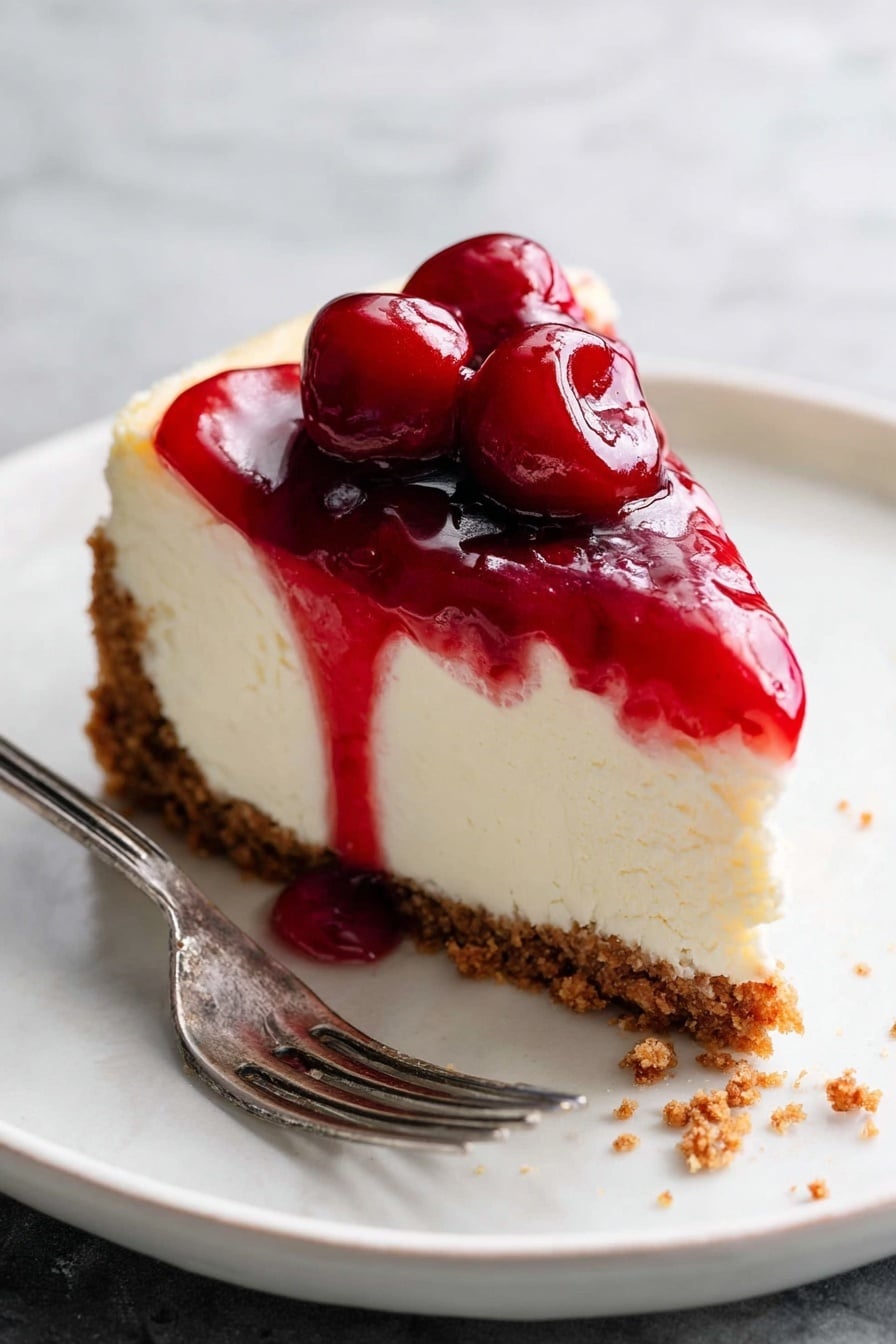 A slice of cheesecake with three visible layers is shown on a white marbled surface. The bottom layer is a crumbly brown crust that holds the creamy white middle layer, which is thick and smooth in texture. The top layer is a shiny red cherry topping that includes two whole cherries, dripping slightly down the sides. The slice is placed on a clean white plate, and next to it is a silver fork with some cheesecake residue. Photo taken with an iphone --ar 2:3 --v 7 - Cherry Cheesecake with Biscoff Crust, cherry cheesecake dessert, no-bake cheesecake with Biscoff, easy cherry cheesecake recipe, fruity cheesecake with caramel crust