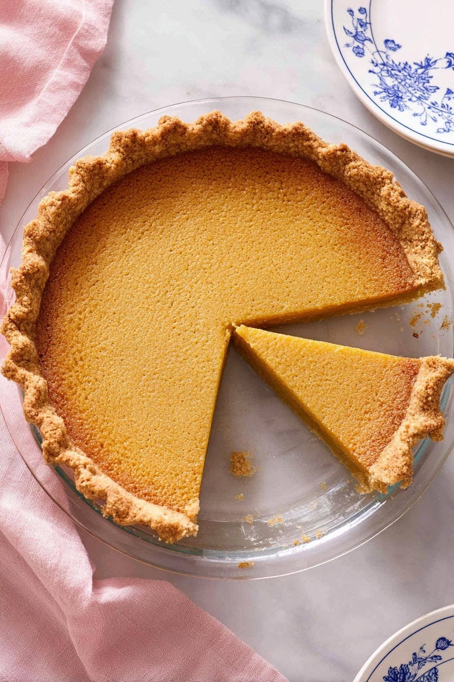 A pie with one slice removed sits on a clear glass pie plate on a white marbled surface. The pie has one main layer of golden brown filling with a smooth texture and a slightly darker, crumbly top layer. The crust is thick, golden, and crimped around the edge. A soft pink cloth is partly under the plate to the left, and to the top right, part of a white plate with blue designs is visible. Photo taken with an iphone --ar 2:3 --v 7 - Ultimate Chess Pie, chess pie recipe, classic chess pie, easiest chess pie, Southern chess pie