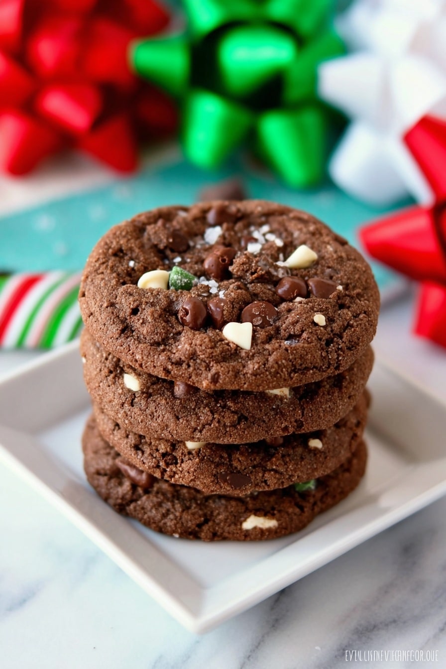 A stack of five round chocolate cookies sits on a white square plate on a white marbled surface. Each cookie has a rough texture and is dark brown in color, with chunks of darker chocolate and small white bits mixed throughout. The cookies are thick and look soft and chewy. In the background, there are blurred colorful ribbons and bows in green, white, and red. Photo taken with an iphone --ar 2:3 --v 7 - Hot Chocolate Cookies, chocolate cookies with hot cocoa flavor, cozy chocolate cookie recipe, easy hot chocolate cookies, baked chocolate treats