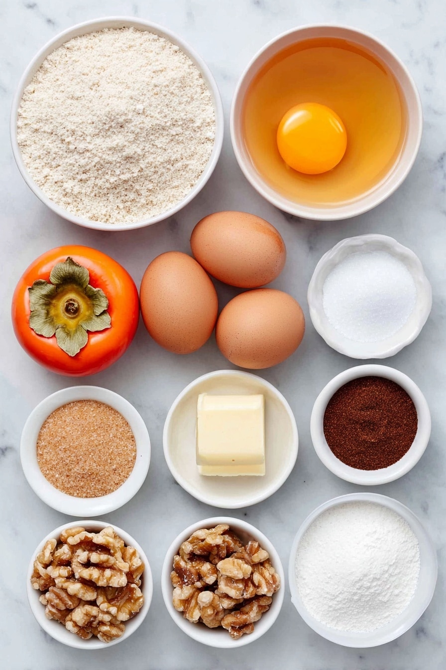 Flat lay of three whole fresh persimmons (one cut in half showing bright orange pulp), a small white bowl of melted golden butter, two whole uncracked brown eggs, a small white bowl of light brown sugar, a small white bowl of white granulated sugar, a small white bowl of clear vanilla extract, a small white bowl of all-purpose flour, a small white bowl of chopped walnuts, a small white bowl of ground cinnamon, a small white bowl of baking powder, and a small white bowl of salt, all arranged with perfect symmetry on a clean white marble surface, soft natural light, photo taken with an iPhone, professional food photography style, fresh ingredients, white ceramic bowls, no bottles, no duplicates, no utensils, no packaging --ar 2:3 --v 7 --p m7354615311229779997 - Persimmon Pudding Cake with Nuts, persimmon dessert recipes, fall fruit desserts, cozy winter cakes, easy persimmon cake recipe