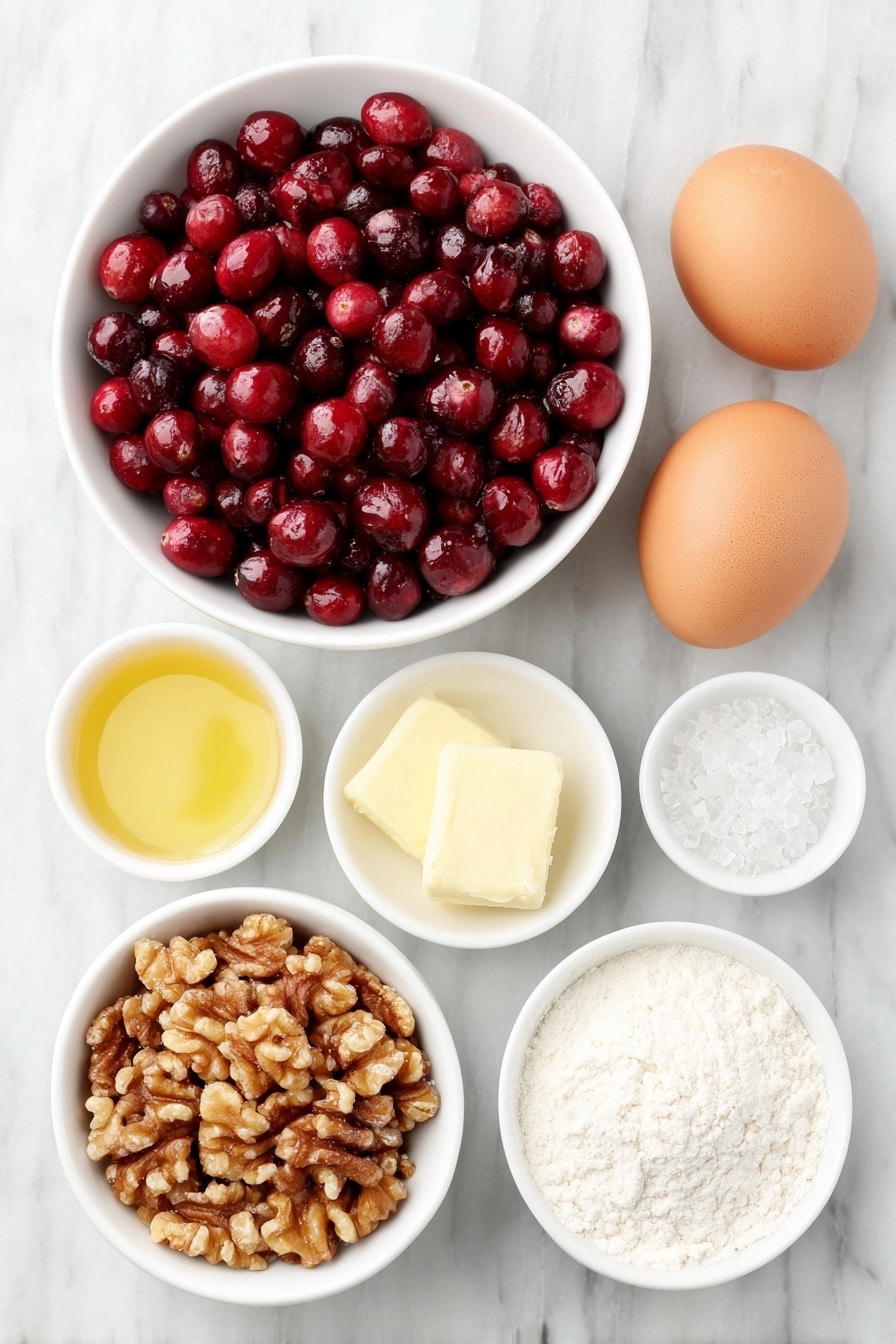Flat lay of fresh bright red cranberries scattered in a simple white ceramic bowl, a small white bowl filled with chopped walnuts, two large whole eggs with clean shells resting directly on the white marble surface, a small white bowl containing melted golden butter, another small white bowl with white granulated sugar, a small white bowl of all-purpose flour, a tiny white bowl holding clear vanilla extract, a tiny white bowl of light almond extract, and a small white bowl with coarse sparkling sugar crystals, all arranged with perfect symmetry and balanced proportions on a clean white marble surface, soft natural light, photo taken with an iPhone, professional food photography style, fresh ingredients, white ceramic bowls, no bottles, no duplicates, no utensils, no packaging --ar 2:3 --v 7 --p m7354615311229779997 - Cranberry Nut Cake, Cranberry Nut Cake recipe, festive holiday cake, moist cranberry dessert, nutty cake with cranberries