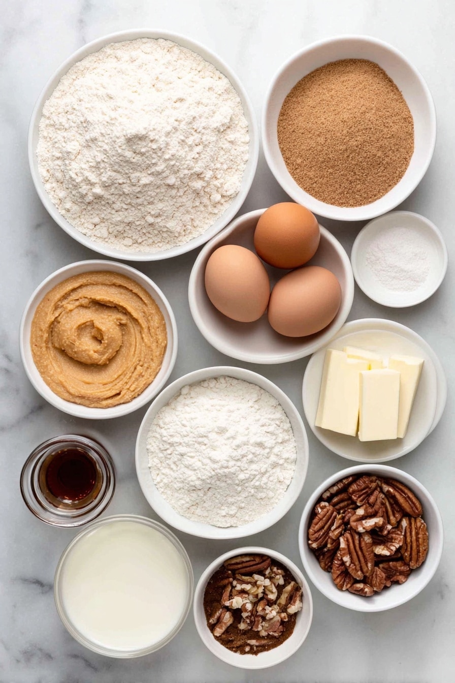 Flat lay of sifted all purpose flour in a small white bowl, a small white bowl with baking soda, a small white bowl with kosher salt, a small white bowl with ground cinnamon, a small white bowl with ground nutmeg, two sticks of unsalted butter, a small mound of packed light brown sugar, a small white bowl with smooth sweet potato purée, six whole uncracked brown eggs, a small white bowl with vanilla extract, a small white bowl with almond extract, a small white bowl with whole buttermilk, a small handful of chopped pecans, a small white bowl with powdered sugar, one stick of salted butter, a small white bowl with whole milk, a small white bowl with vanilla bean paste, all arranged symmetrically with perfect balance, placed on a clean white marble surface, soft natural light, photo taken with an iPhone, professional food photography style, fresh ingredients, white ceramic bowls, no bottles, no duplicates, no utensils, no packaging --ar 2:3 --v 7 --p m7354615311229779997 - Sweet Potato Pound Cake with Brown Butter Glaze, moist sweet potato cake recipe, cozy spice holiday dessert, easy fall dessert recipes, decadent pound cake with glaze