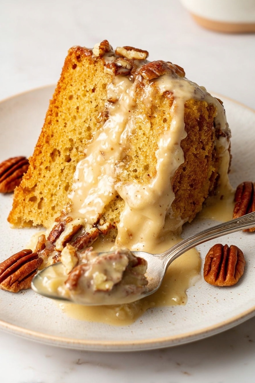 A slice of moist, golden-brown cake sits on a white plate with visible texture and small air pockets on the top layer. The middle layer is creamy and light beige, oozing slightly onto the plate. Scattered around the cake and on the spoon are several glossy, brown pecans. The spoon holds a portion of the creamy middle layer mixed with some pecan pieces. The plate rests on a white marbled surface. photo taken with an iphone --ar 2:3 --v 7 - Sweet Potato Pound Cake with Brown Butter Glaze, moist sweet potato cake recipe, cozy spice holiday dessert, easy fall dessert recipes, decadent pound cake with glaze