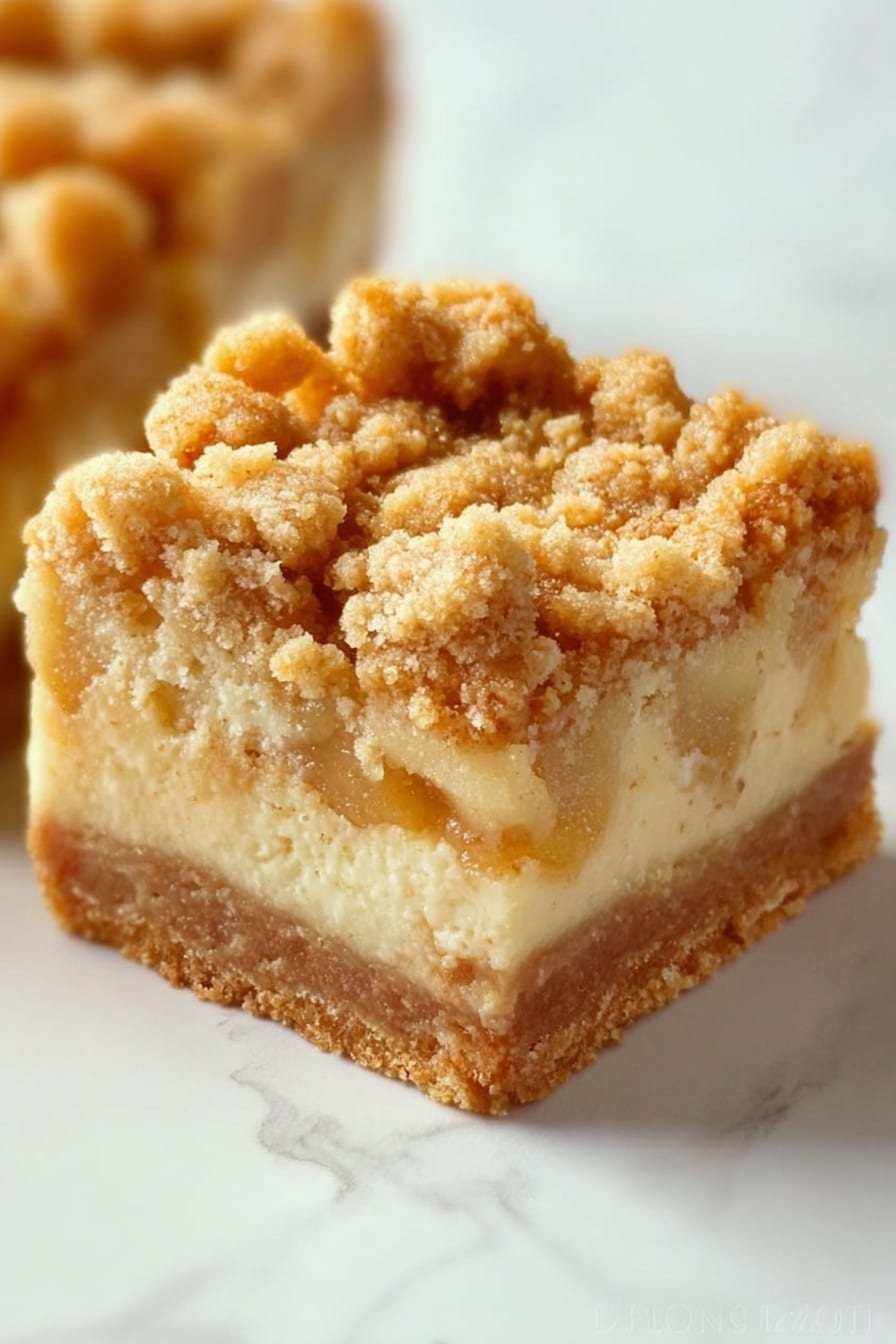 A close-up of a square dessert bar with three distinct layers is shown on a white marbled surface. The bottom layer is a light brown, firm crust with a smooth texture. The middle layer is a creamy, pale beige filling with visible small chunks, likely fruit or nuts, giving it a slightly bumpy look. The top layer is a crumbly, golden-brown streusel topping with a rough texture, loosely scattered across the surface. The edges are clean and sharp, emphasizing the neat layering. Photo taken with an iphone --ar 2:3 --v 7 - Apple Pie Bars, easy apple dessert, cinnamon apple bars, rustic fruit bars, quick apple dessert